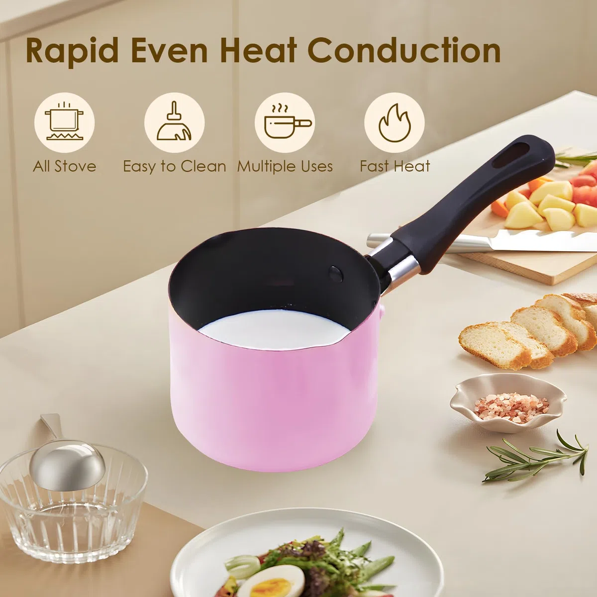 Buachois Mini Pentola Per Zuppa, Pentola Per Il Latte, Pentola Per Il Latte Resistente A Bastoni E Scottature, Pentola Compatibile Con Piani Cottura Anche A Calore Con Doppio (Rosa)