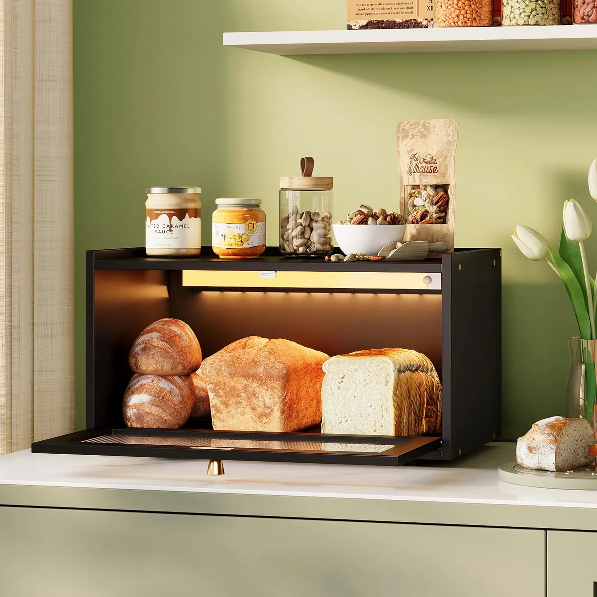 VEDECASA Contenitore per pane in bambù con illuminazione a LED, grande contenitore per il pane da cucina, per piano di lavoro con finestra, nero (nero, 1 ripiano)