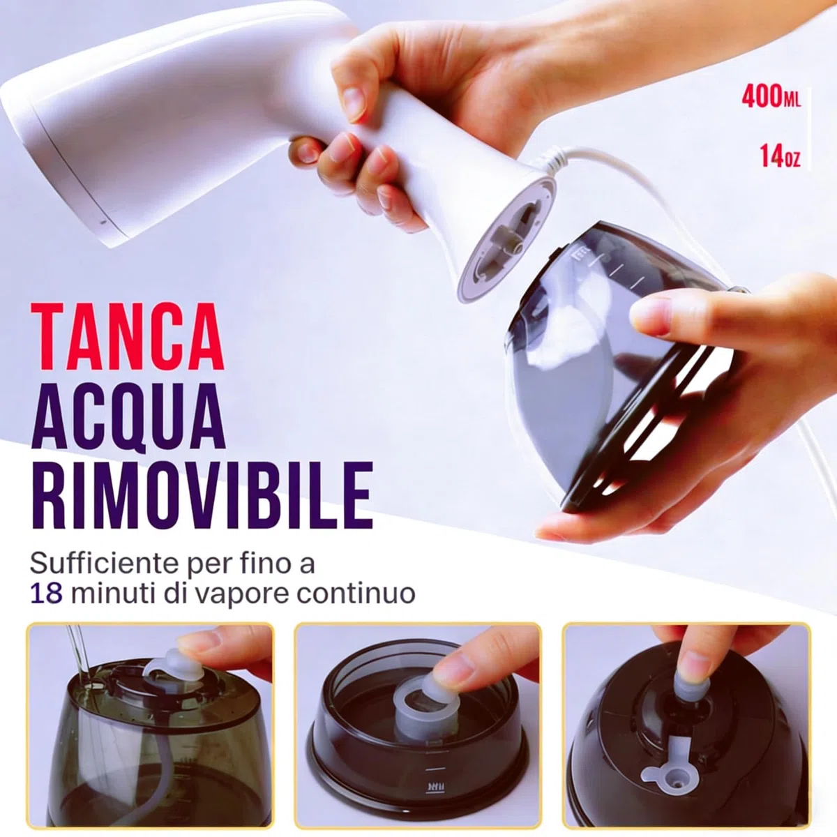 Stiratrice Verticale a Vapore 2000W, Serbatoio 400ml, Vapore 30g/min, Cavo 2,1m, Stiratore Portatile per Casa Ufficio Viaggio, Elimina Pieghe in Secondi