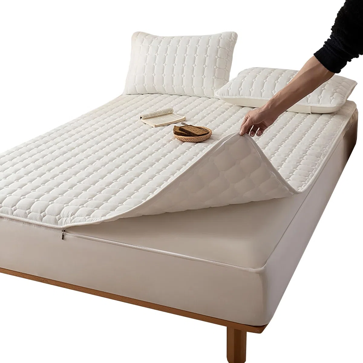 Coprimaterasso Matrimoniale 160x190 180x200 con Cerniera 4 Lati, Fodera Materasso a 6 Lati con Parte Superiore Trapuntata, Sfoderabile Proteggi Materasso Senza Federe(Beige,80x190x20cm)