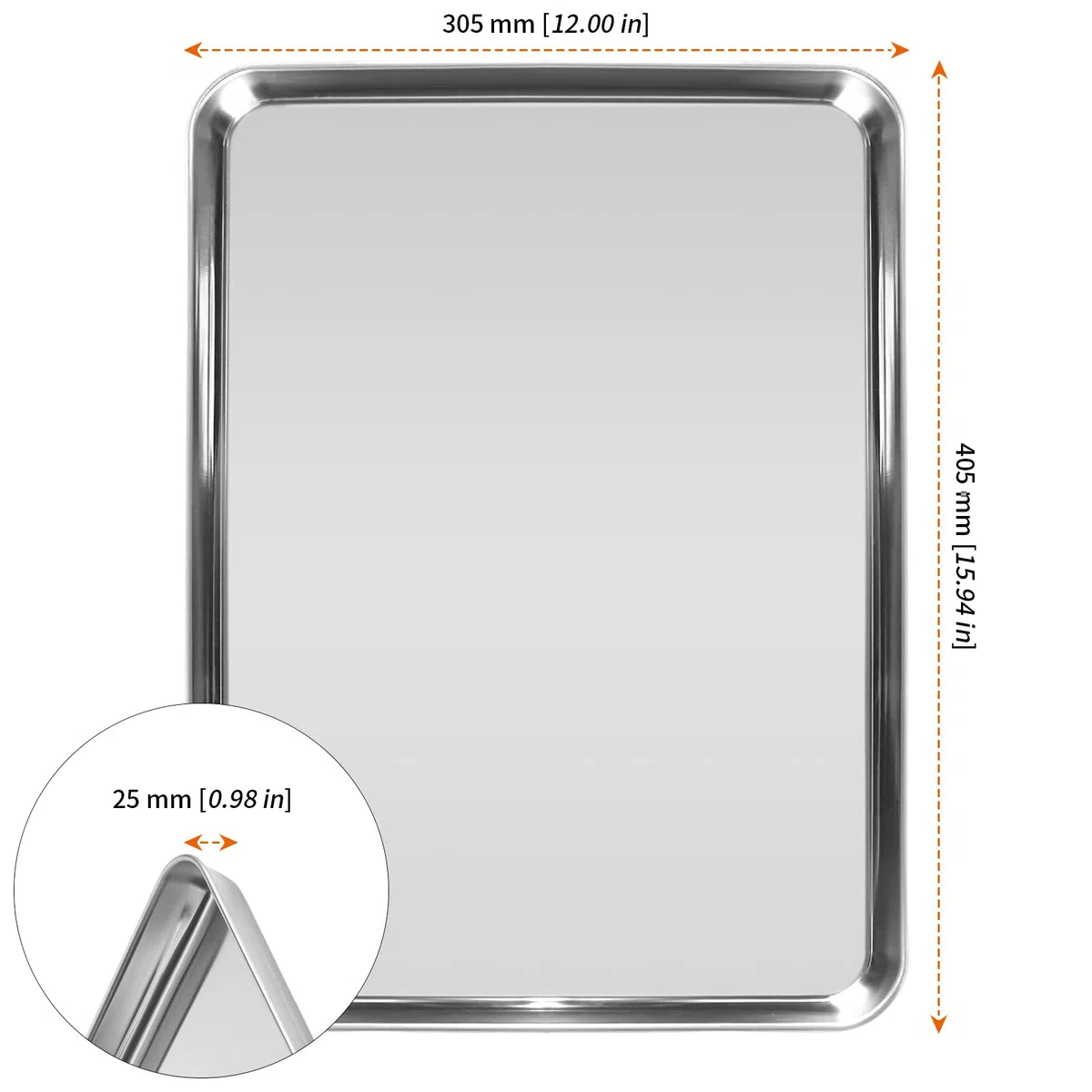 Set di 3 teglie da forno professionali in acciaio inox, 40,5 x 30,5 x 2,5 cm, lucidate a specchio e antiruggine, ideali per cuocere e arrostire