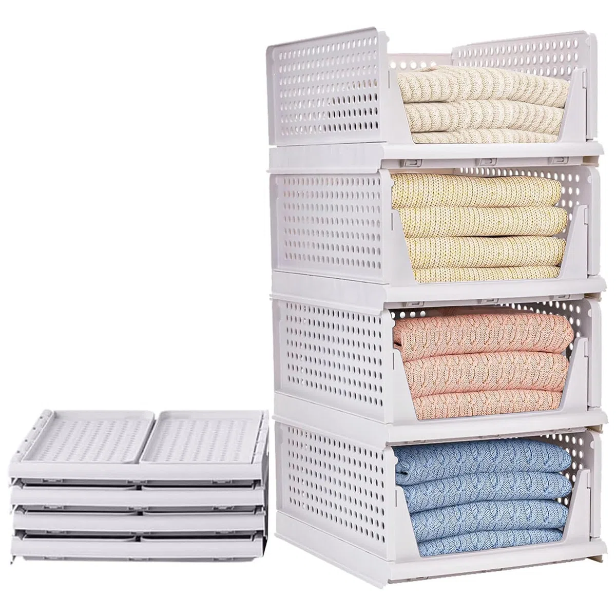 Organizer Armadio Cassettiere, Set di 4 Organizer Pieghevole Impilabili in Plastica per Armadio per Vestiti, Camera da letto, Casa, Cucina, Bagno, Bianco (43 x 33 x 72cm)