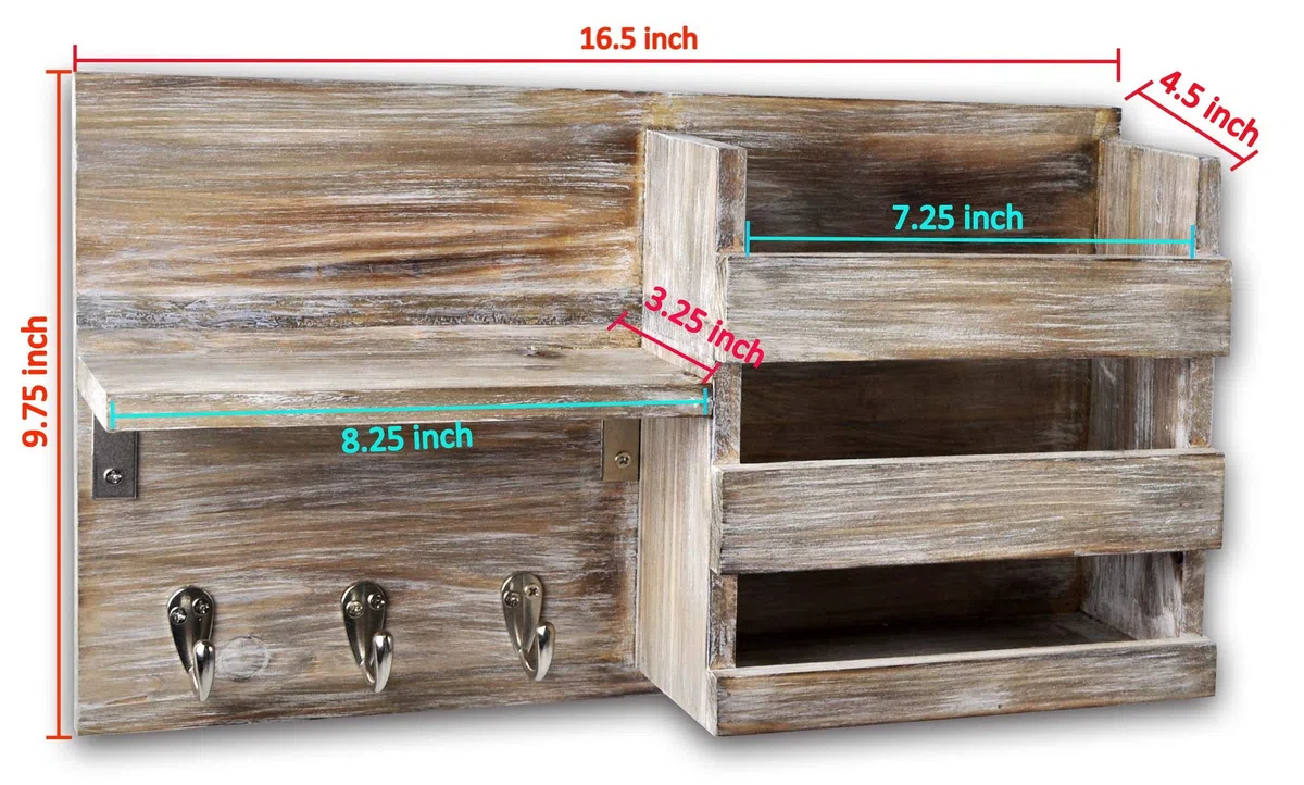 Portaoggetti da Parete e Cesto della Posta con 3 Ganci per Chiavi Porta Riviste, Vestiti e Guinzagli Appesi, Scaffali Organizer per Posta Appesi_ Grigio Rustico