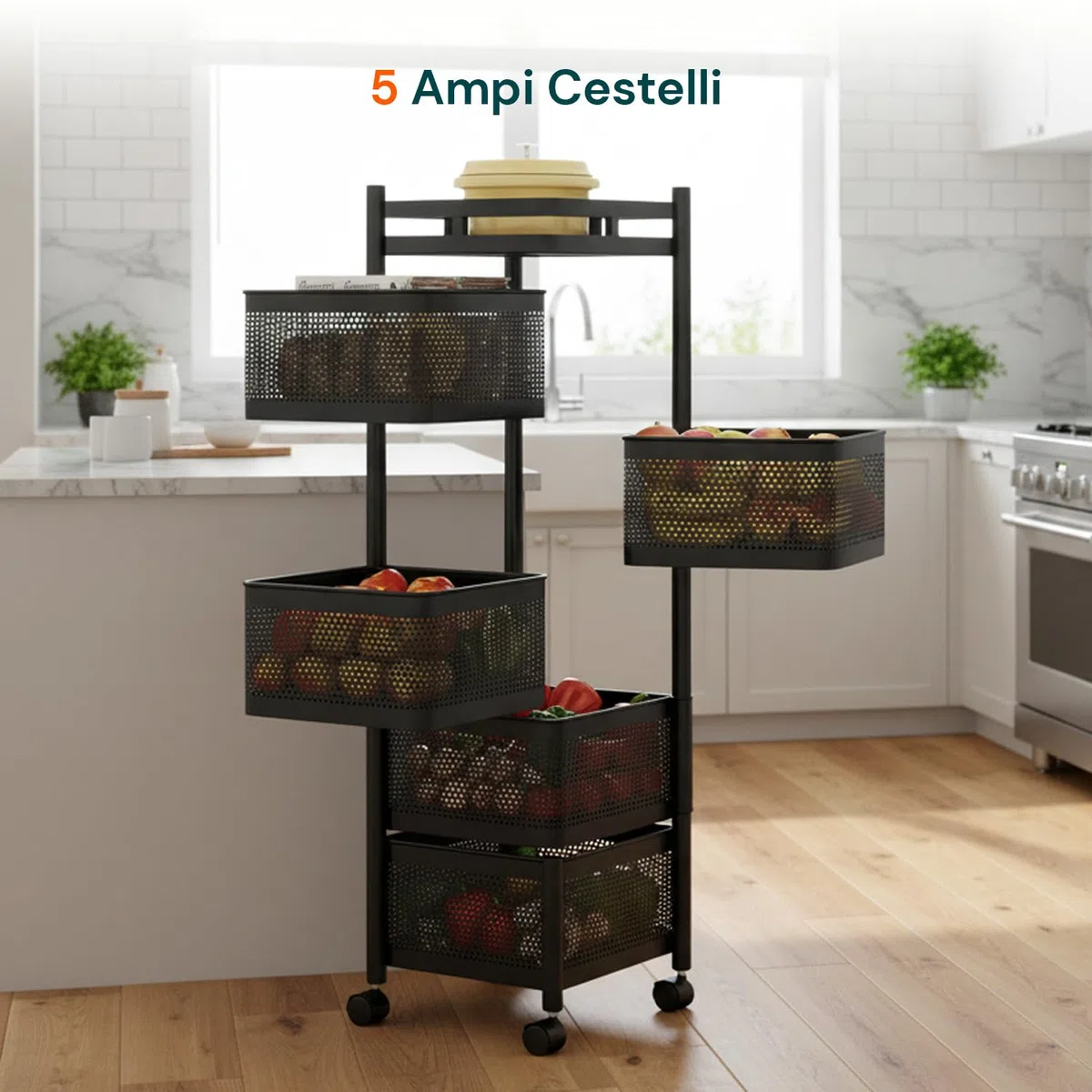Avilia - Carrello con Ruote Portatutto Richiudibile Multiuso con Cestelli Capienti e Struttura Salvaspazio per Cucina Bagno e Ufficio Design Pieghevole con Ruote Frenanti Nero Quadrato 5 Cestelli