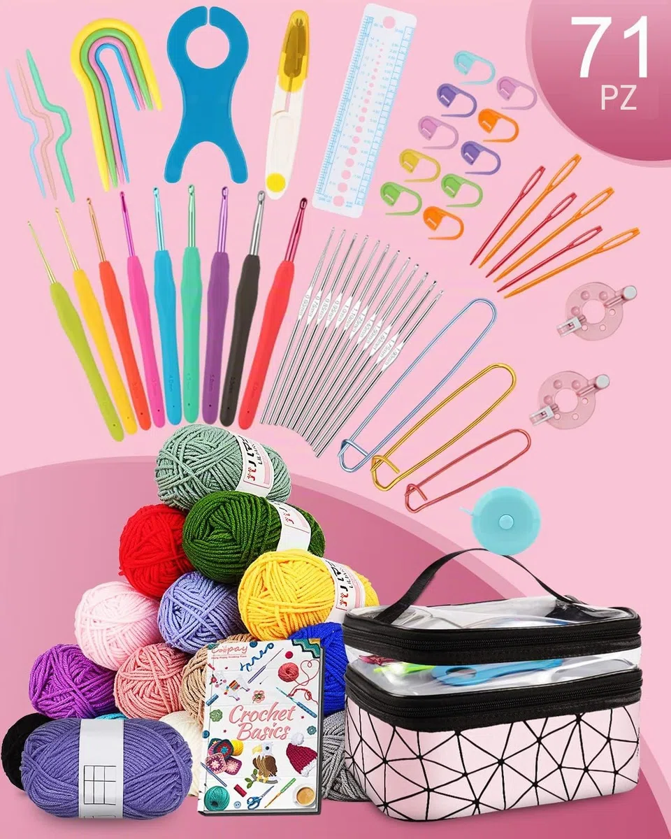 Coopay - Kit per uncinetto principiante, completo con 16 gomitoli di lana, 2 tipi di ganci 0,6-6,0 mm, borsa per riporre accessori per uncinetto a maglia, regalo per ragazza, famiglia, amici, rosa