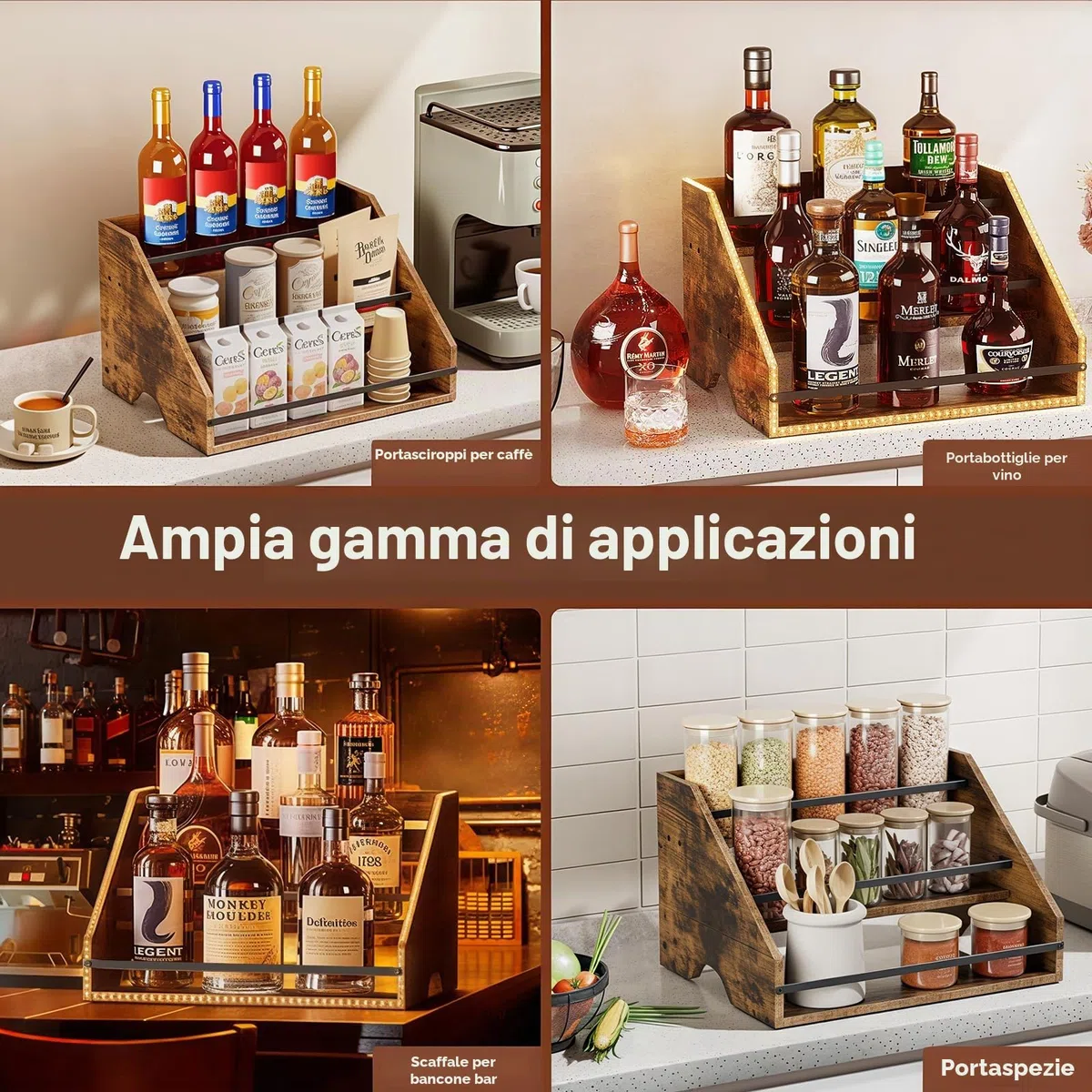 Nuovoware Scaffale Espositivo per Bottiglie Liquore Illuminato LED, Scaffale Legno 3 Gradini con Recinzioni Maniglie Portatili, 12 Bottiglie Whisky Espositore Vini Retrò Bar Domestico Feste, Marrone