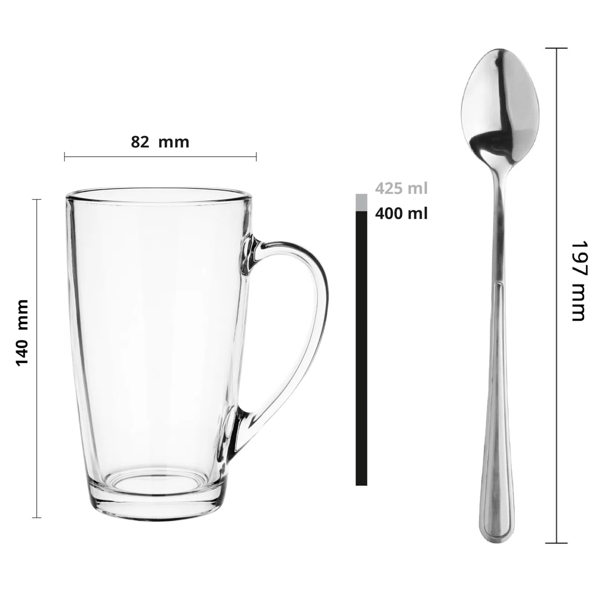 Glasmark KROSNO 1992 set di 6 tazze da caffè latte vetro trasparente 400 ml con manico 6 cucchiaini latte macchiato cappuccino bicchieri da tè