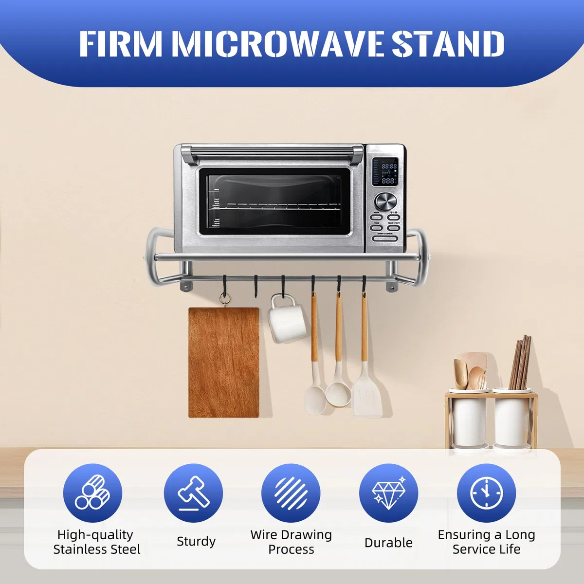 Supporto da parete per forno a microonde, in acciaio inox, con 6 ganci sospesi, supporto per microonde, supporto a parete, nero, 53 x 38 x 18 cm