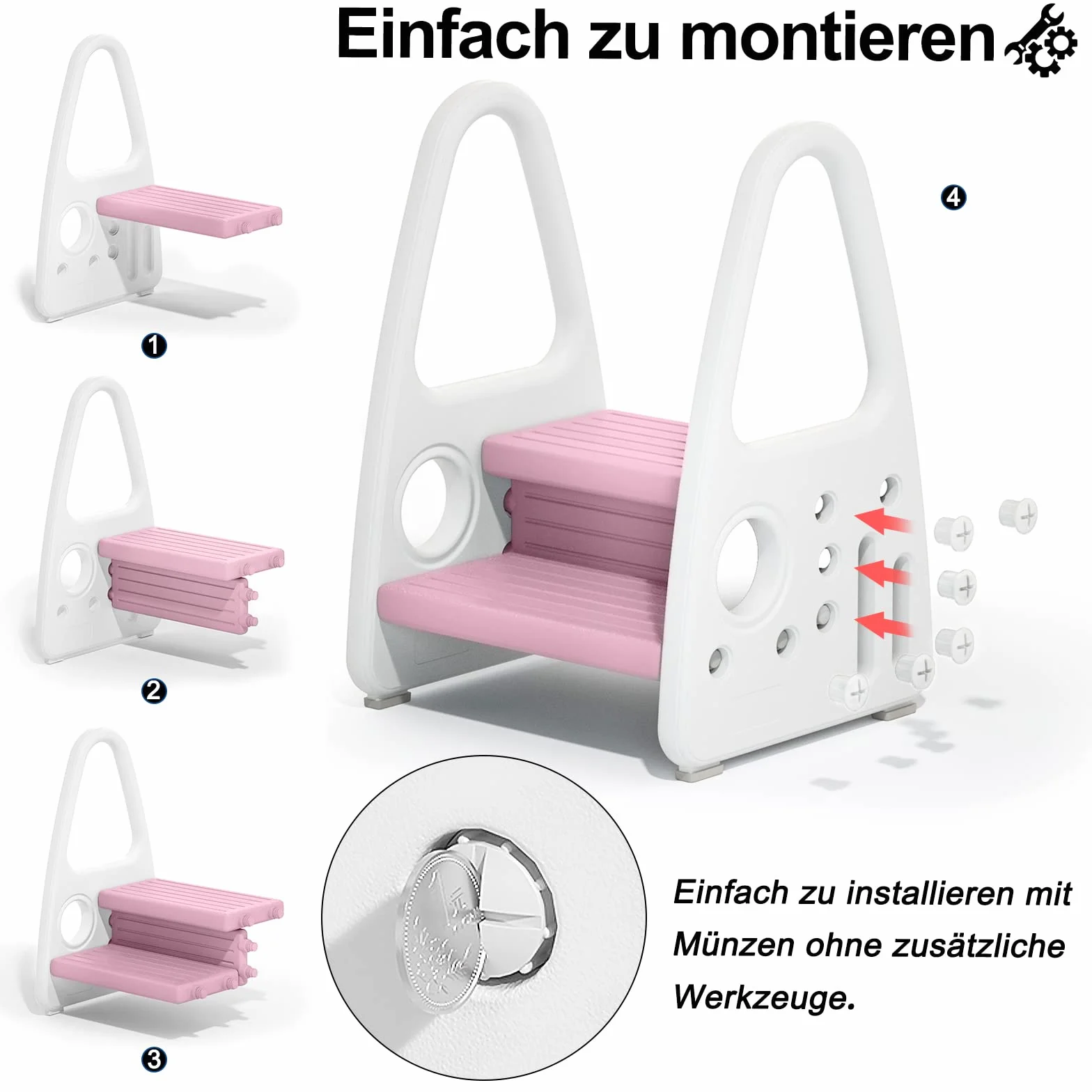 UISEBRT Sgabello a 2 Gradini per Bambinim, Scaletta Alzabimbo Antiscivolo, per la Cameretta dei Bambini il Bagno, la Camera da Letto, la Cucina (Rosa)