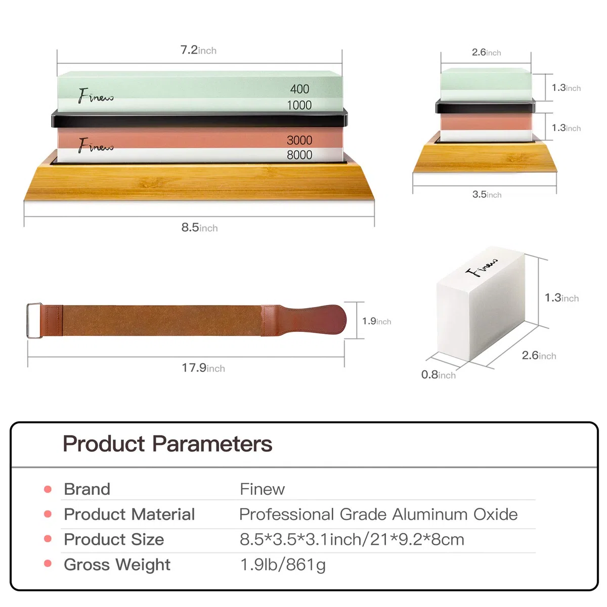 Finew Set Pietra per Affilare, 2-in-1Affilatore, set di pietre da affilare double-face 400/1000 3000/8000 grana, con base in bambù antiscivolo, pietra per spianare, guida angolare e strisce di cuoio