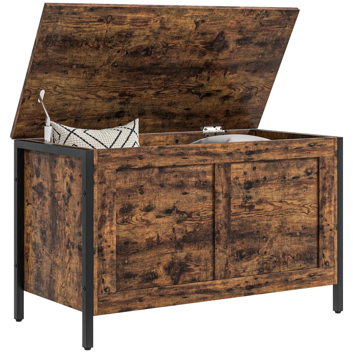 HOMCOM Cassapanca da 95L in Stile Industriale con Coperchio con Cerniera di Sicurezza, Panca Contenitore Multiuso per Salotto e Ingresso, 80x40x49cm, Marrone Rustico