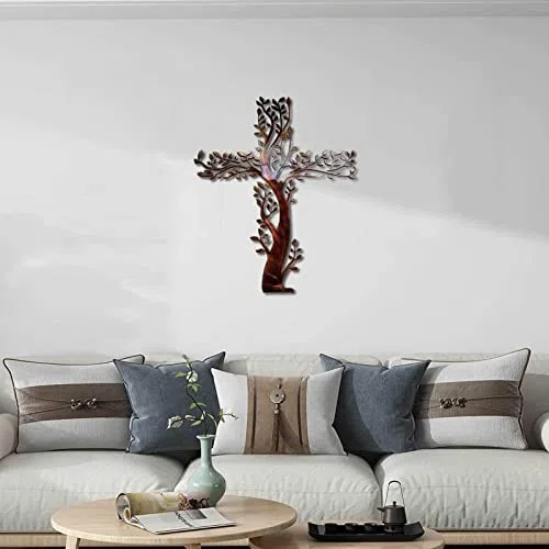Scultura da parete a forma di albero a croce, decorazione artistica da parete in metallo, sagoma retrò 3D, opere d'arte da appendere per la decorazione domestica, decorazione unica per lo spazio