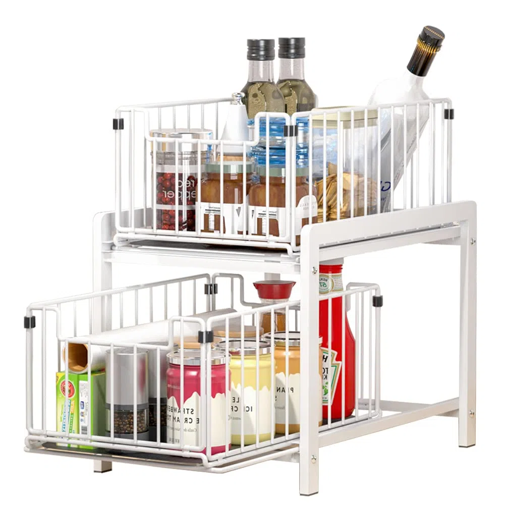 YunNasi Scaffale Sottolavello Portaoggetti con 2 Cestelli Scorrevoli, Organizer Sotto il Lavello, per Bagno, Cucina, Controsoffitto, Mobile (Regolare, BiancoBianco)