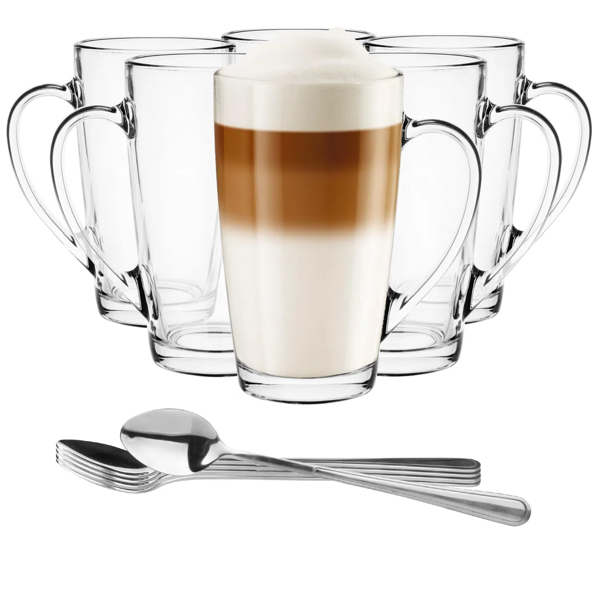 Glasmark KROSNO 1992 set di 6 tazze da caffè latte vetro trasparente 400 ml con manico 6 cucchiaini latte macchiato cappuccino bicchieri da tè
