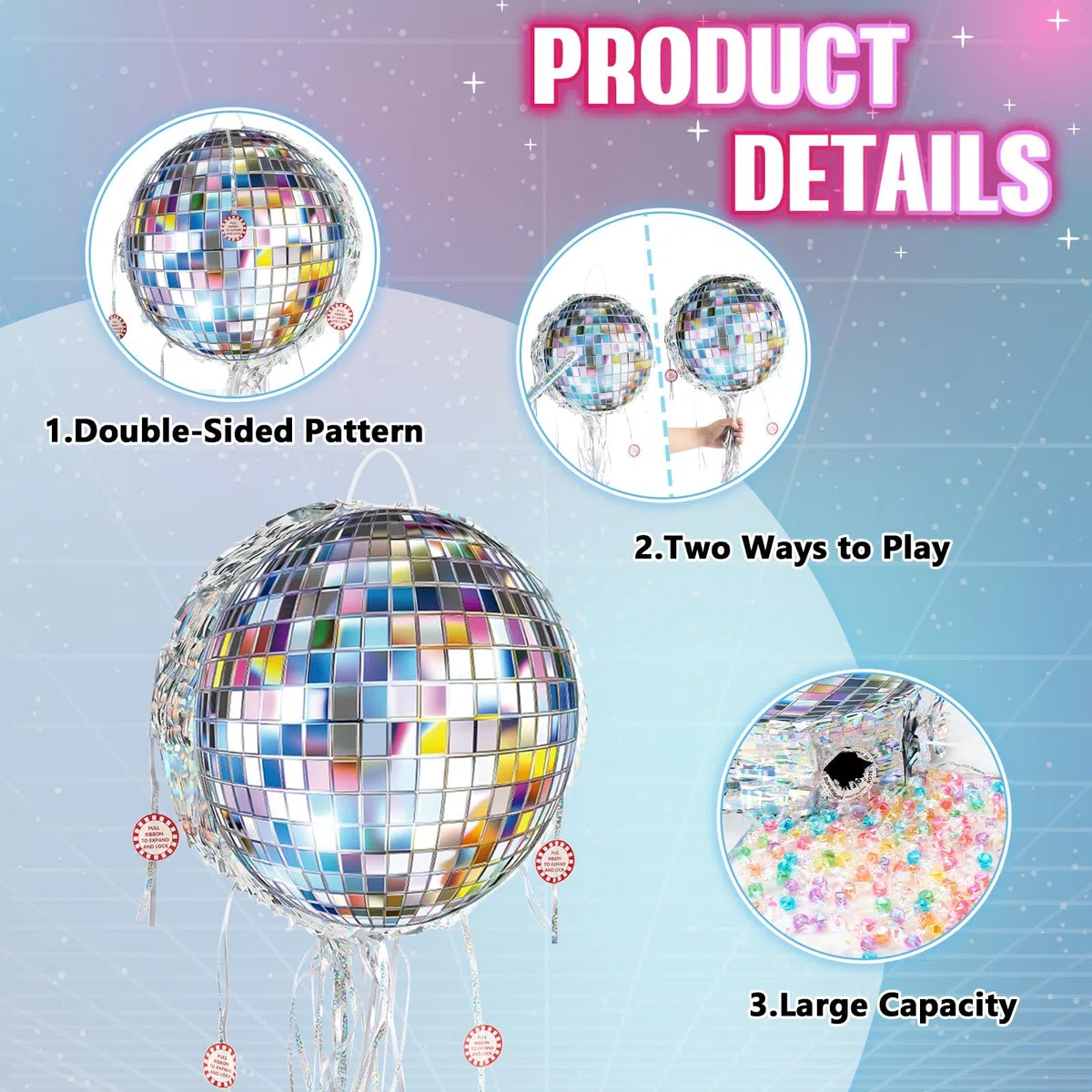 WERNNSAI Pignatta a forma di Palla da Disco - Mini Pignatta da Disco con Benda, Bastoncino e Nastri da Tirare per Decorazione di Festa di Danza Retrò Anni 80 e 90, Forniture per Compleanno per Bambini