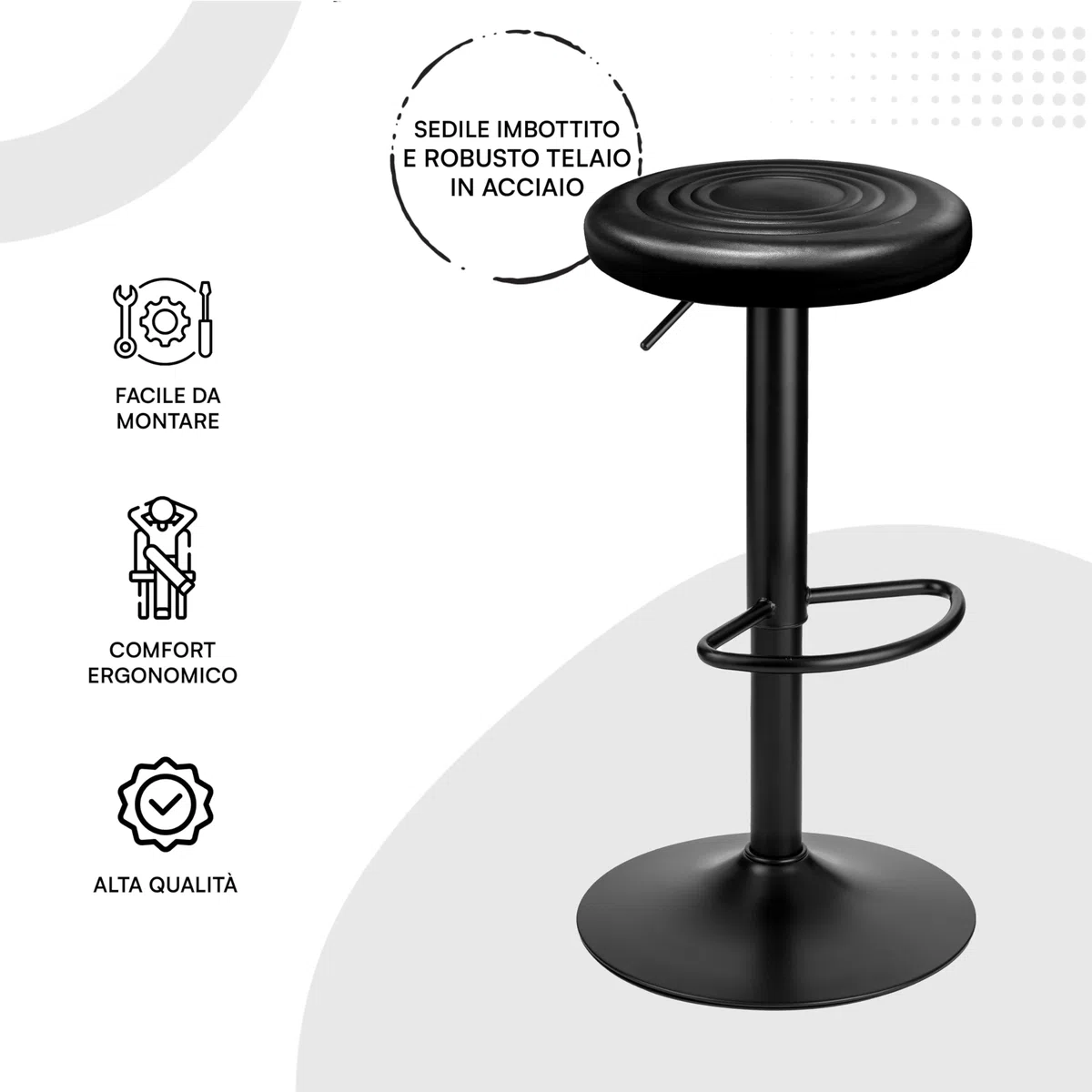 Baroni Home Sgabello Girevole Senza Schienale, Altezza Regolabile, in Ecopelle e Acciaio, Per Sala da Pranzo, Cucina, Bar, Leggero e Montaggio Facile, 39x36x55-76 cm, Nero, 1 Pezzo
