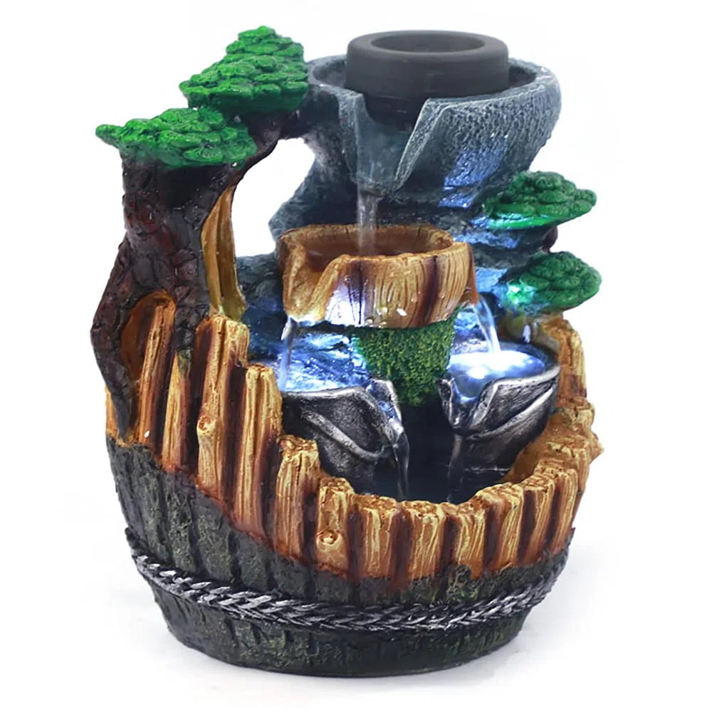 Fontana da scrivania con fontana da tavolo a LED, lampada da tavolo, fontana d'acqua, fontana a cascata, gioco d'acqua effetto pietra, ornamento Feng Shui Zen Fontana