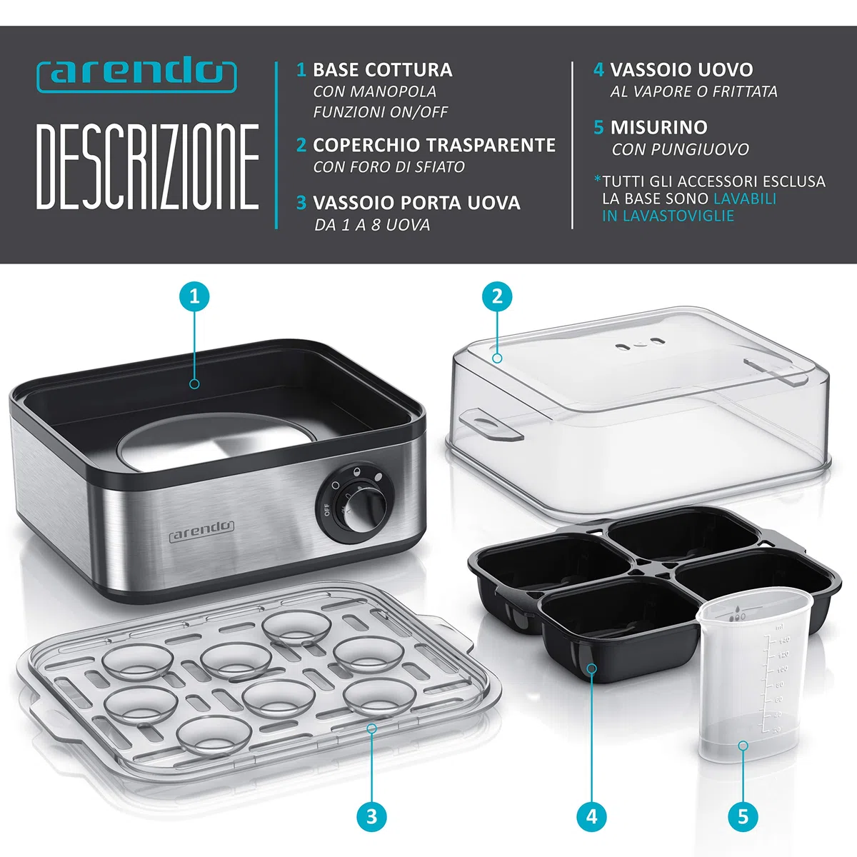 arendo - Cuociuova in Acciaio Inox da 1 a 8 Uova - Fornello per Uova – Cuoci Uova da 500 W - Tre Gradi di durezza alla Coque, barzotto, sodo - Lavabile in lavastoviglie