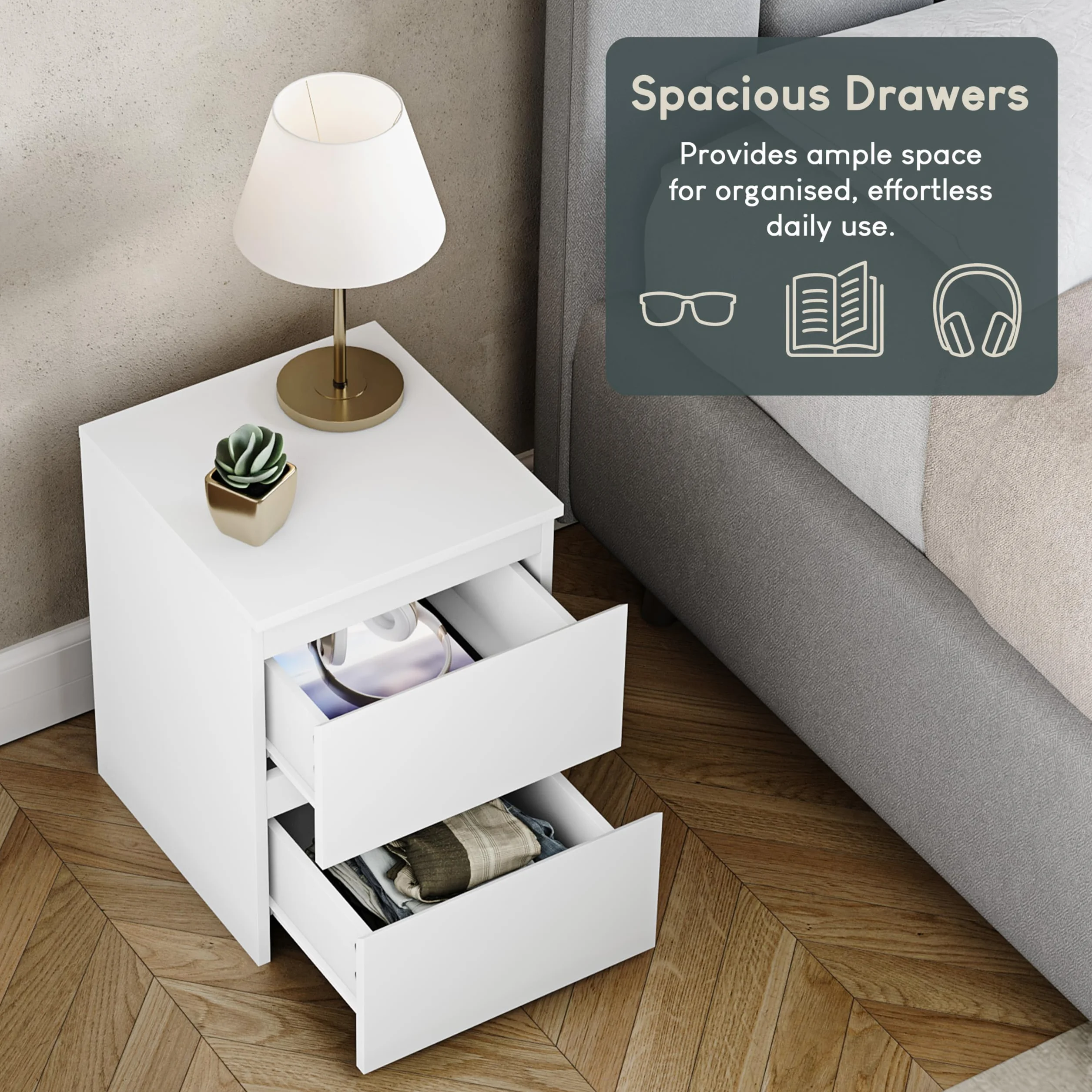 Vida Designs Denver - Comodino con 2 cassetti, colore: Bianco