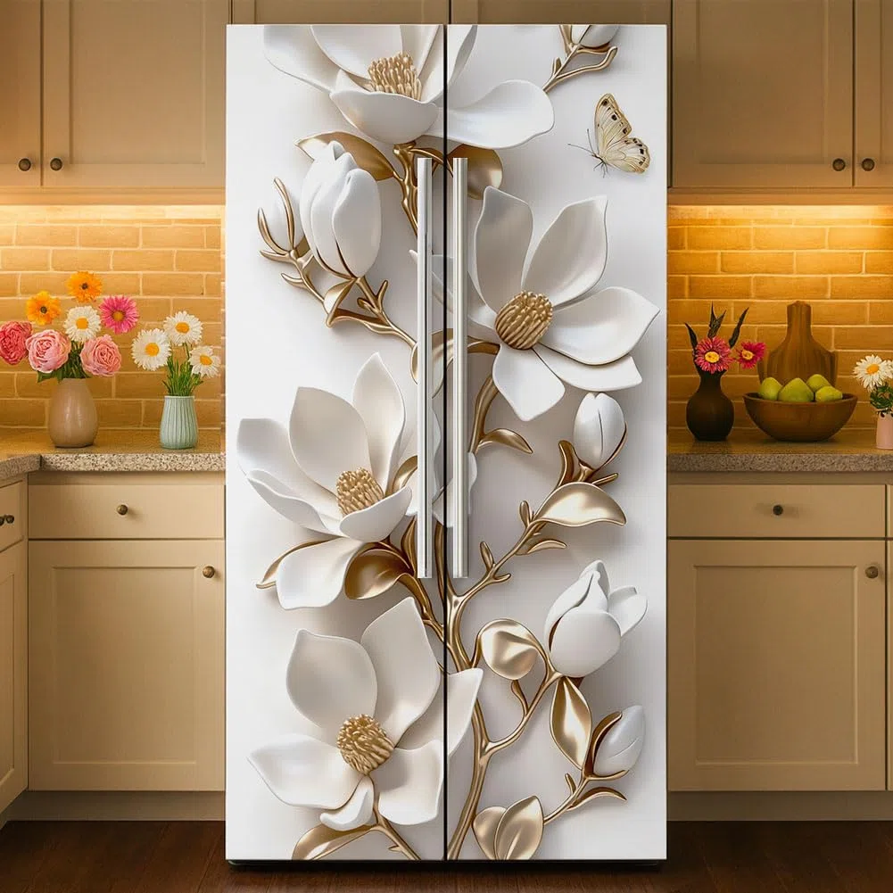 2 involucri rimovibili per frigorifero, motivo orchidea falena in rilievo, autoadesivi, per frigorifero, porte, congelatori, pannelli adesivi per cucina, bar, 41,5 x 200 cm