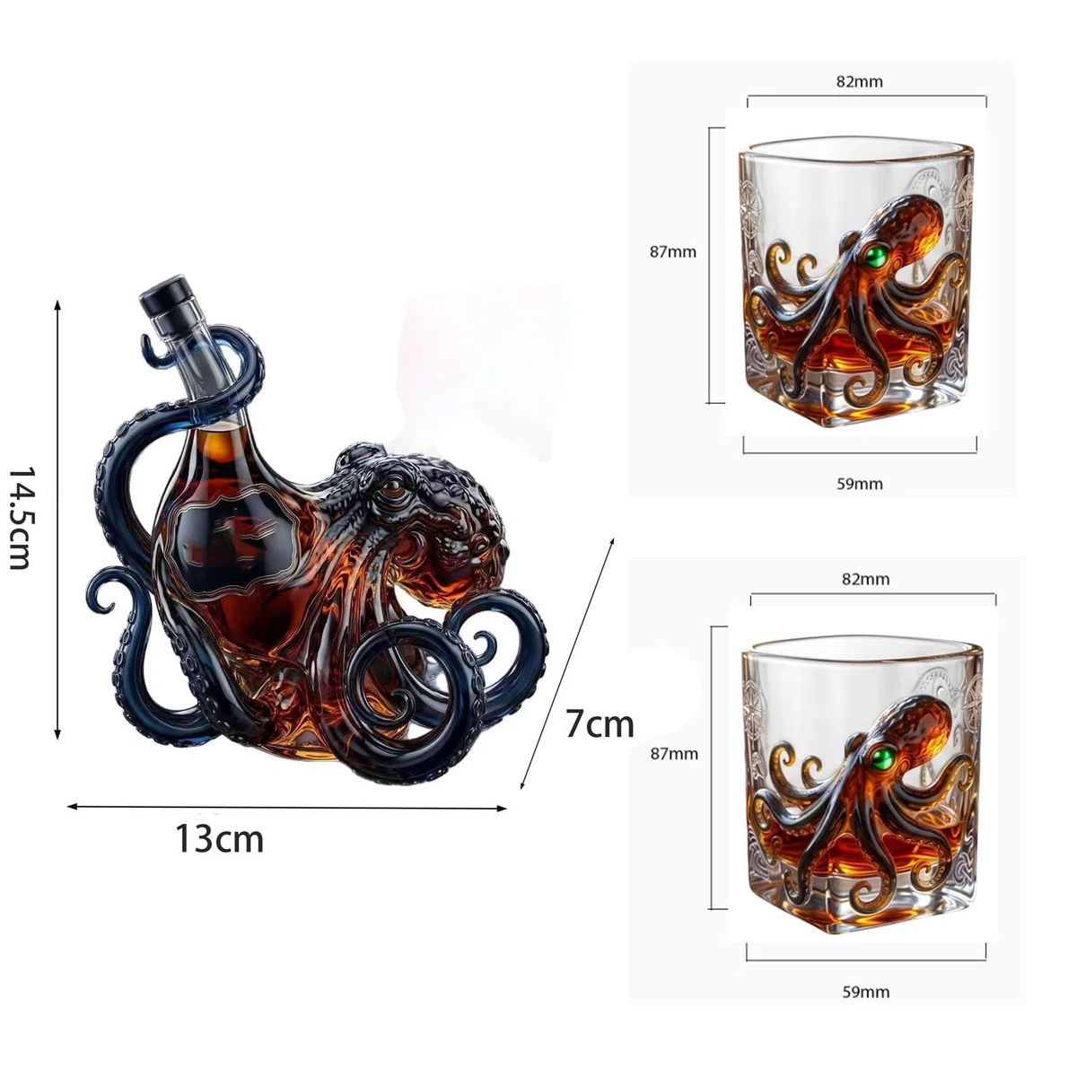 Set Whisky Polpo 3D | Decanter con 2 Bicchieri, Caraffa per Whisky Rum Bourbon Cocktail, Idea Regalo Originale per Uomini e Appassionati di Bar