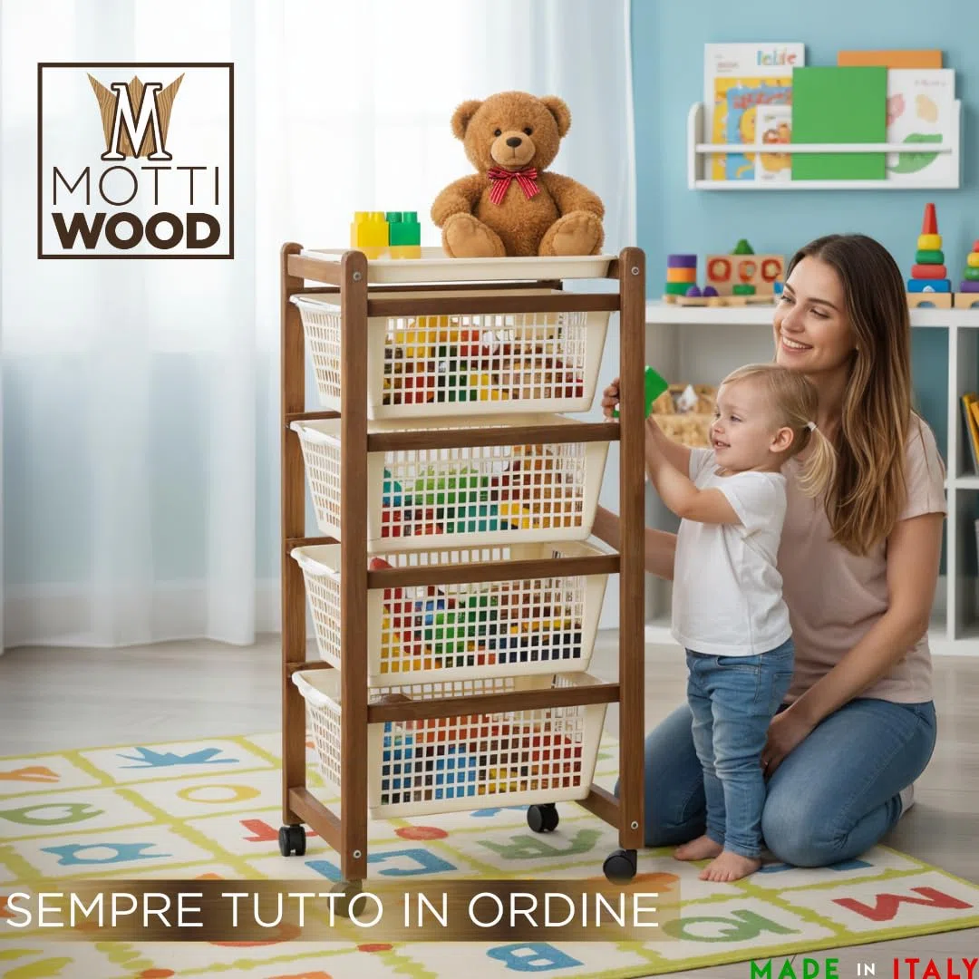 Mottiwood Carrello da Cucina, Carrelli Salvaspazio, 4 Ceste, Legno di Faggio Naturale, 36.2x30x82.3 cm, Montato, Made in Italy (Color Noce)