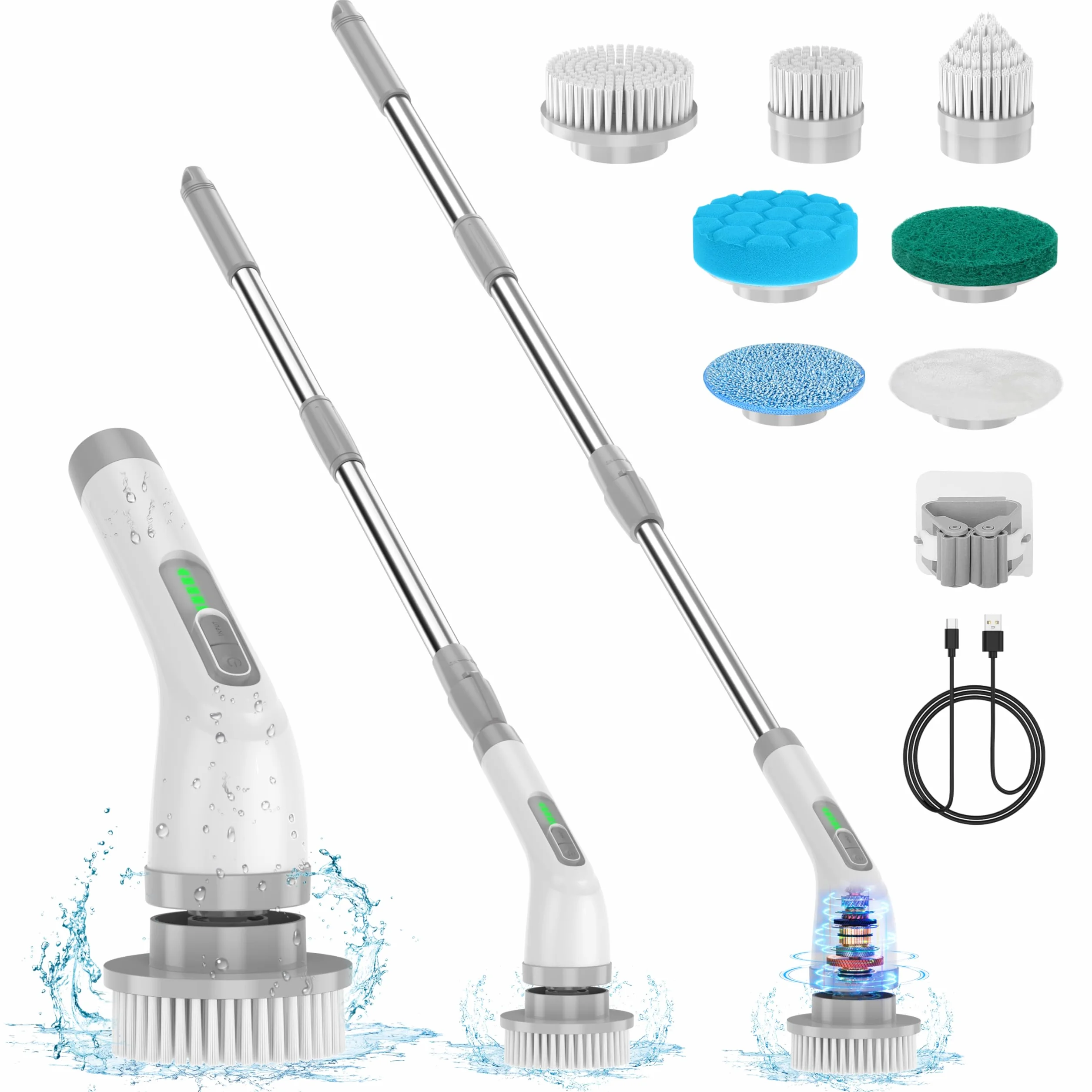 Spazzola elettrica rotante 7 in 1, potente pulizia a 420 giri/min, spazzola per il bagno da 1,5 ore a doppia velocità con braccio di prolunga per cucina, auto, piastrelle, pareti, pavimenti, doccia