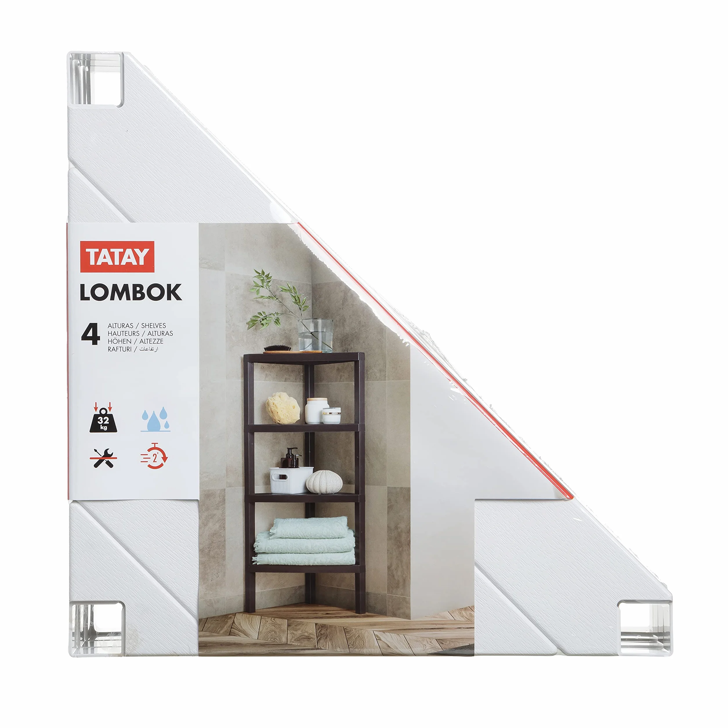 TATAY Scaffale Angolare Bagno a 4 Ripiani | Resistente all’Umidità | Inclusi Viti e Compatibile con Sistema Quick Fix | Per Interni ed Esterni | Portata fino a 32 kg – Modello Lombok – Bianco