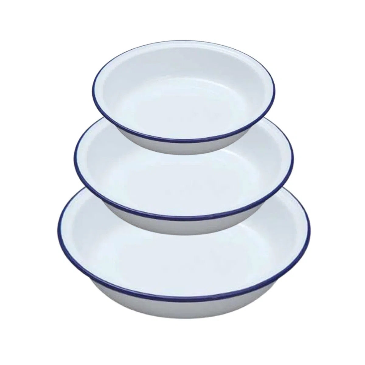 Falcon - Pirofila smaltata in stile vintage shabby chic, bianco con bordo blu, set da 3 (rotonde, 20/22/24 cm)