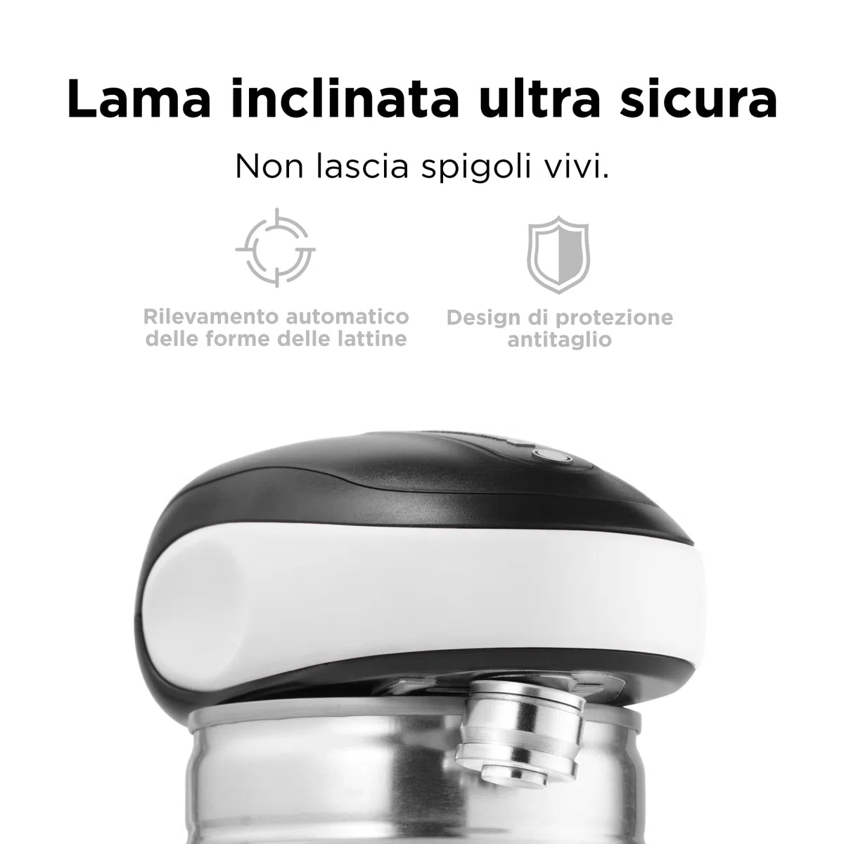Apriscatole elettrico Kitchen Mama One-To-Go: Apre con un Tasto, Riconosce Automaticamente Tutte le Lattine, con Auto-Stop, No Bordi Taglienti, Dispositivo Rimozione Coperchio, a Batteria (Bianco)