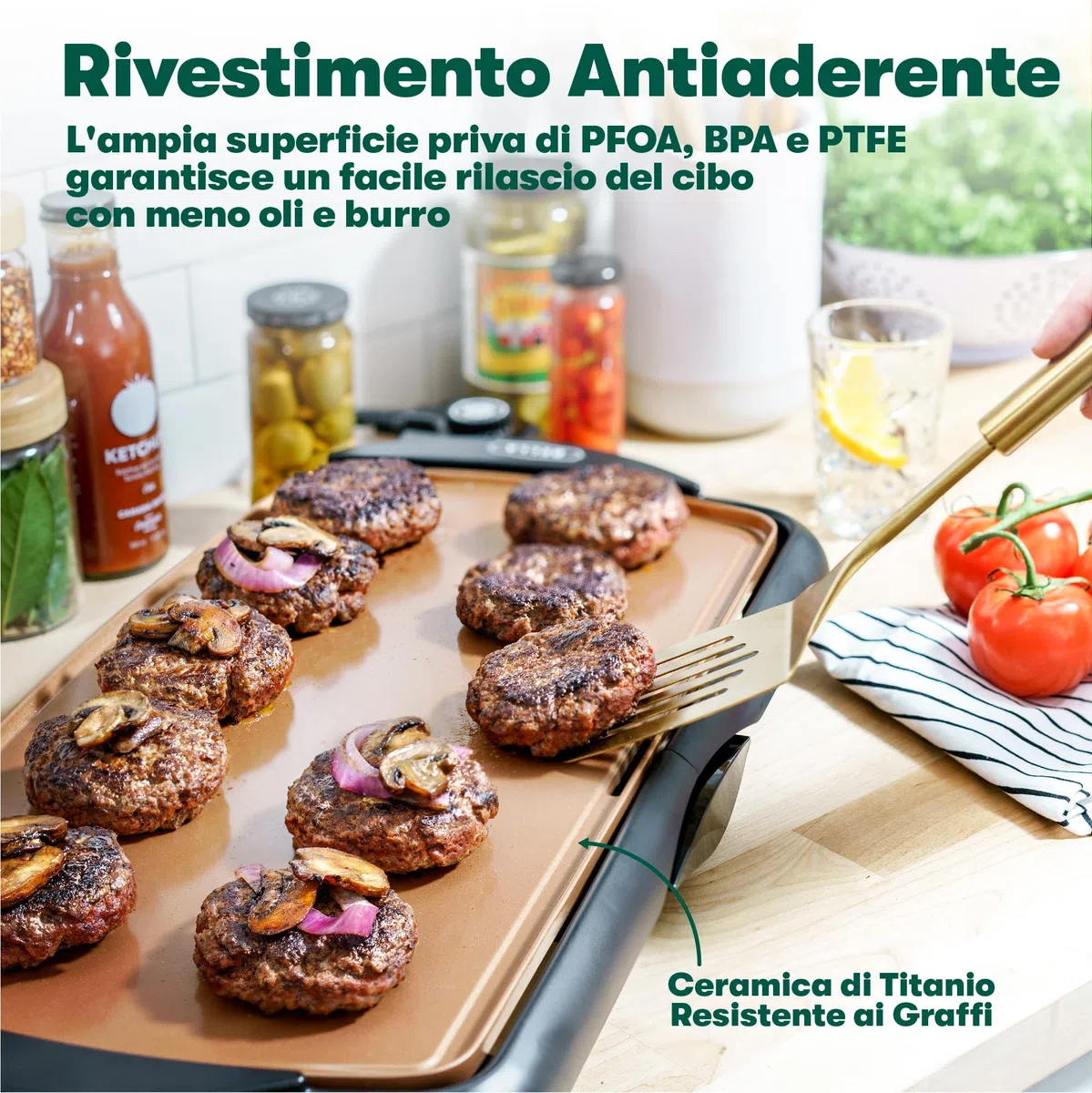 bella Piastra Elettrica con Rivestimento Antiaderente in Ceramica di Titanio, Superficie di Cottura Larga per Cuocere 10 Uova o 6 Pancakes, Sonda Rimovibile e Temperatura Regolabile, 27cm x 50cm, Rame