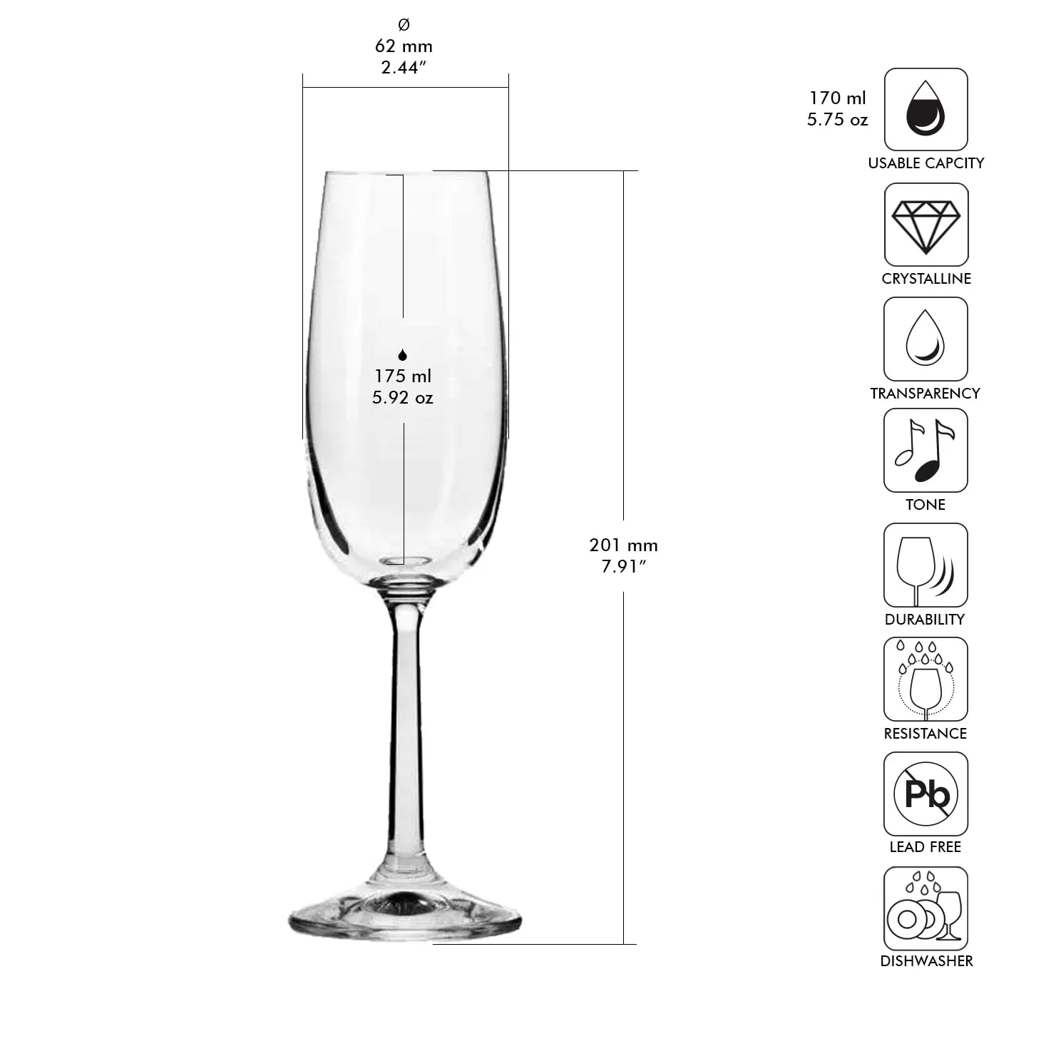 Krosno – Calici da Champagne e Prosecco 175 ml – Set da 6 Pezzi – Collezione Pure – Cristallo Senza Piombo – Stile Slanciato, Elegante e Senza Tempo