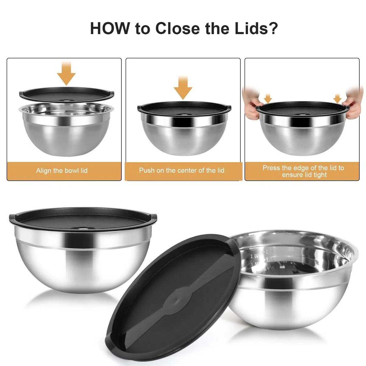 Cinnani 7 Set da Ciotola Acciaio Inossidabile, Insalatiera, Mixing Ciotole, Ciotole di Frutta, Ciotole acciaio inox con coperchio set, Ciotole da Cucina Multifunzionali