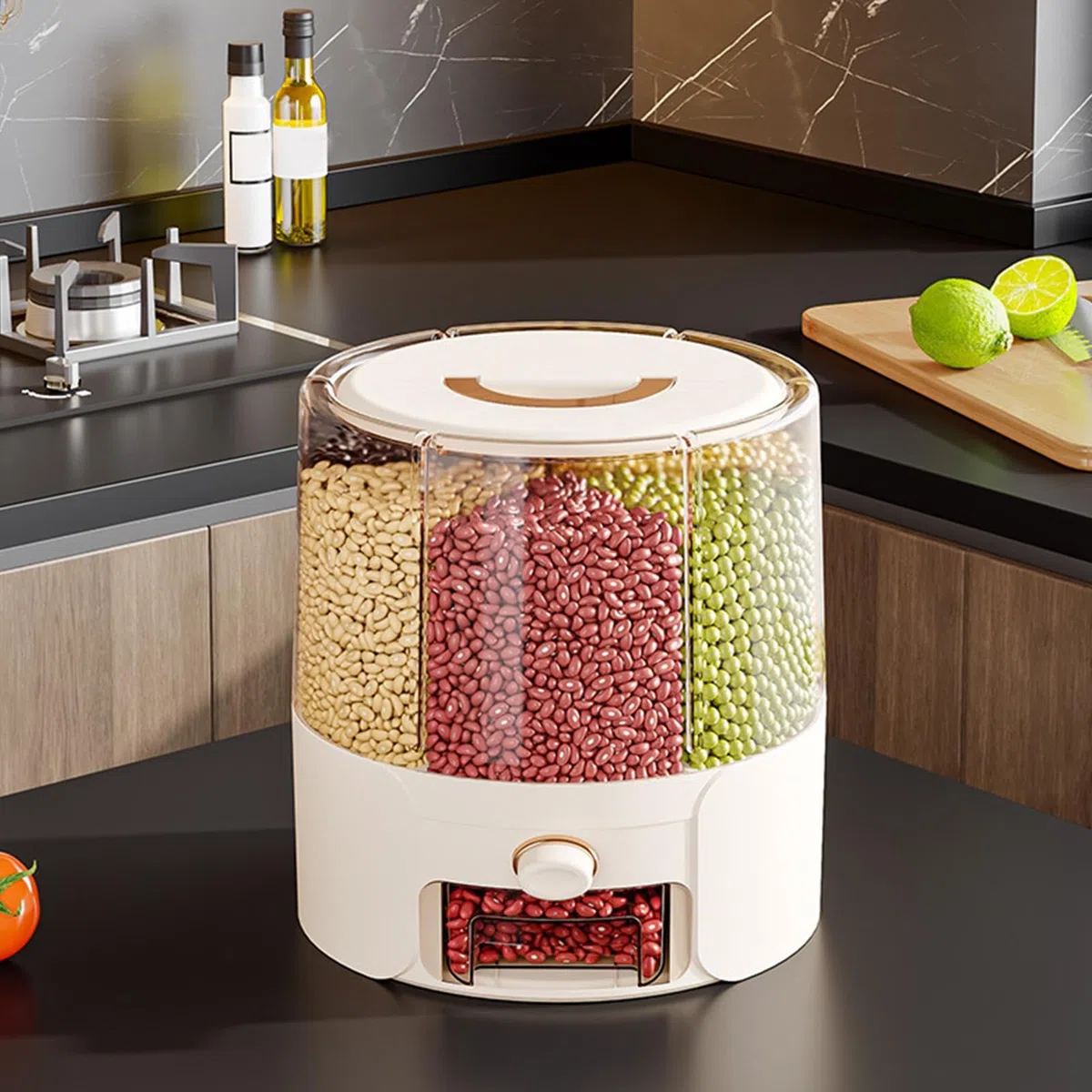 Contenitore per riso, contenitore per alimenti secchi, barile rotante ermetico con scomparti per cereali, fagioli, avena, semi, dolcetti, anti-moscerino, anti-umidità, per dispensa, cucina