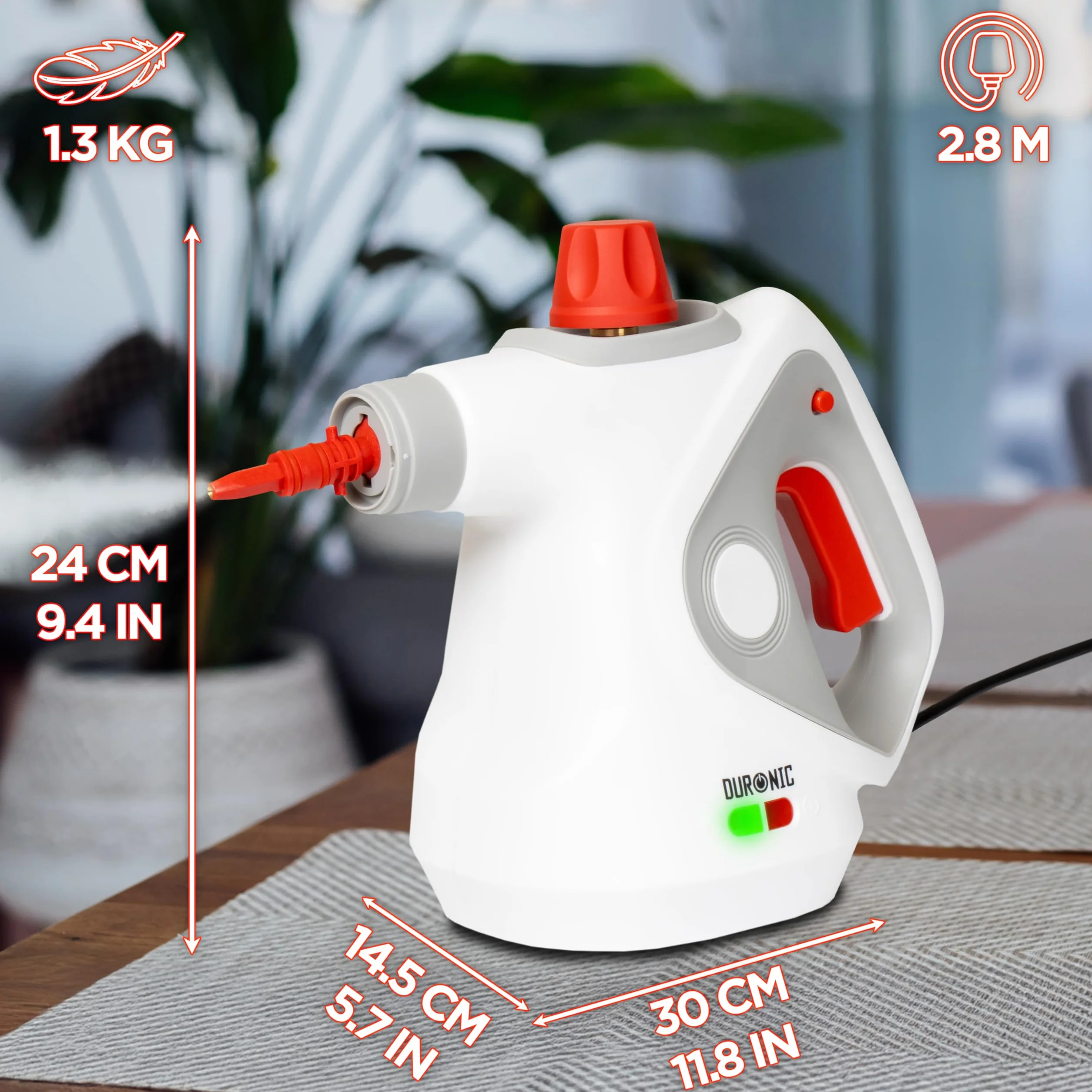 Duronic SC32 WE Pulitore a Vapore Portatile 1050W con Serbatoio 350 ml, Pulizia a Vapore Multifunzione Senza Detergenti per Divani Tessuti Fughe Doccia Forno Cucina Vetri Finestre Auto Bianco