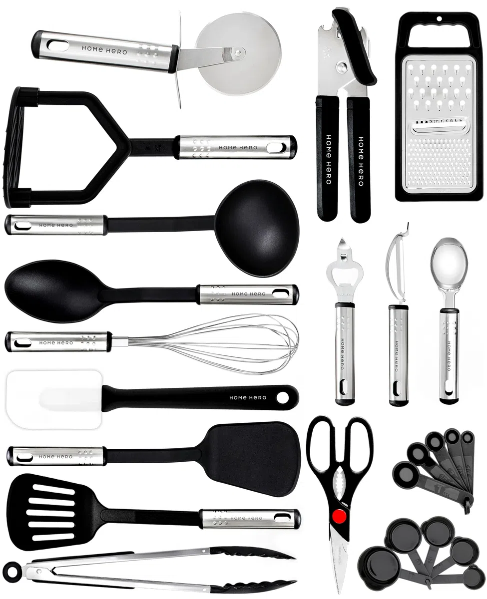 Utensili Cucina Set Termoresistenti al Calore e Antiaderente - Mestoli Spatola Cucchiaio Frusta Pinze Forbici (25 pezzi Nylon Set)