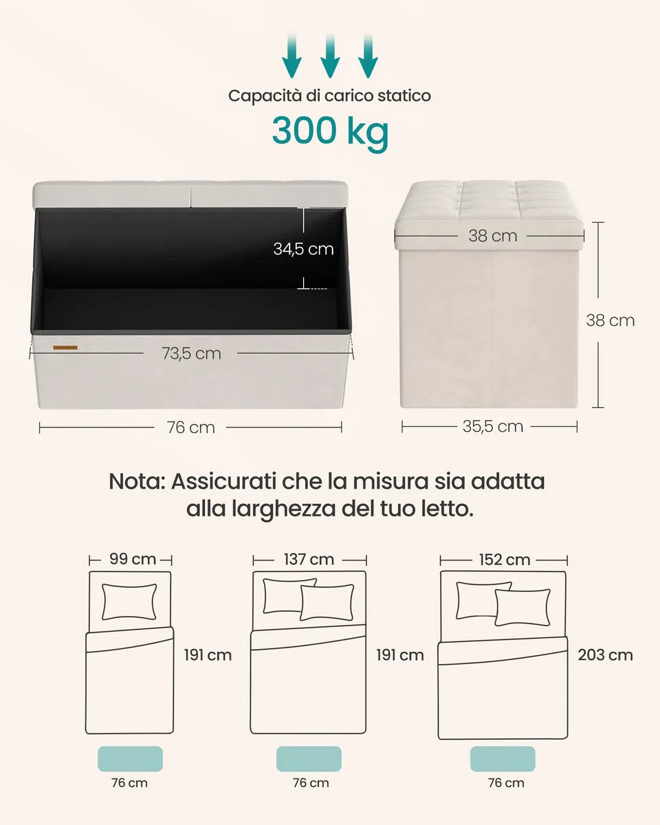 SONGMICS Pouf Pieghevole, Cassapanca, 38 x 76 x 38 cm, Coperchio Ribaltabile, Capacitàdi Carico Statico 300 kg, per Corridoio, Soggiorno, Camera da Letto, Velluto, Beige Cappuccino LSF048LH01