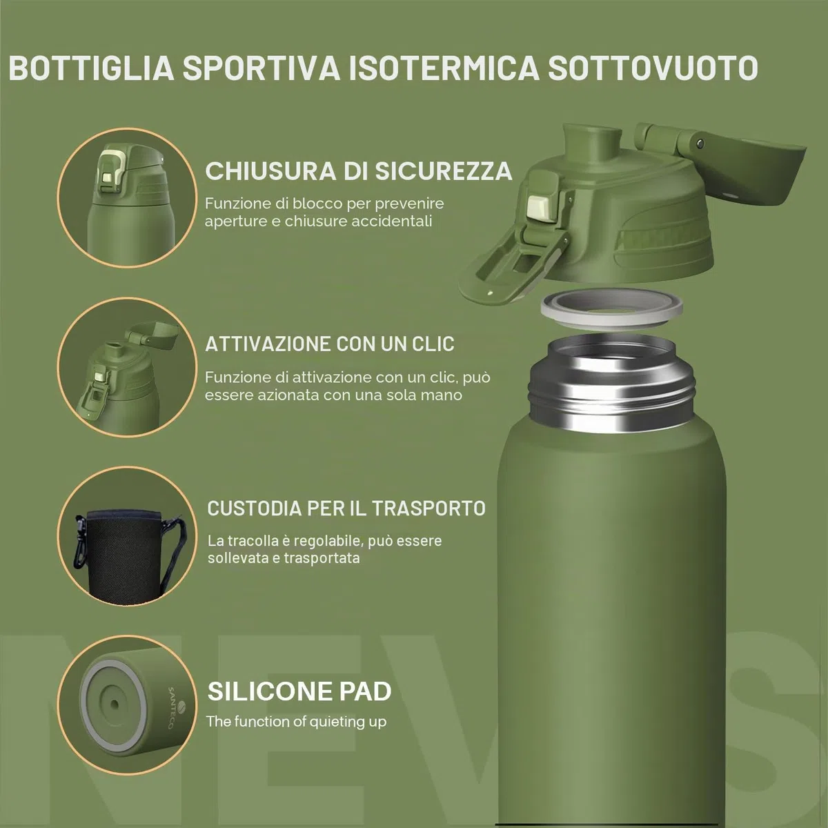 Santeco, borraccia con blocco di sicurezza anti-perdita, thermos in acciaio inossidabile da 1,5 l, senza BPA, con borsa da trasporto, bottiglia termica per acqua, adatta per il lavaggio in