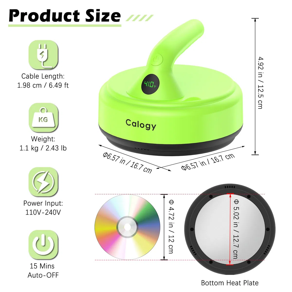 Calogy Transfer Press Mini macchina per pressatura a caldo, macchina plotter Temperatura max 210℃ Diametro 16,7 cm Piccola pressa da stiro per magliette, vestiti per animali domestici (Verde)