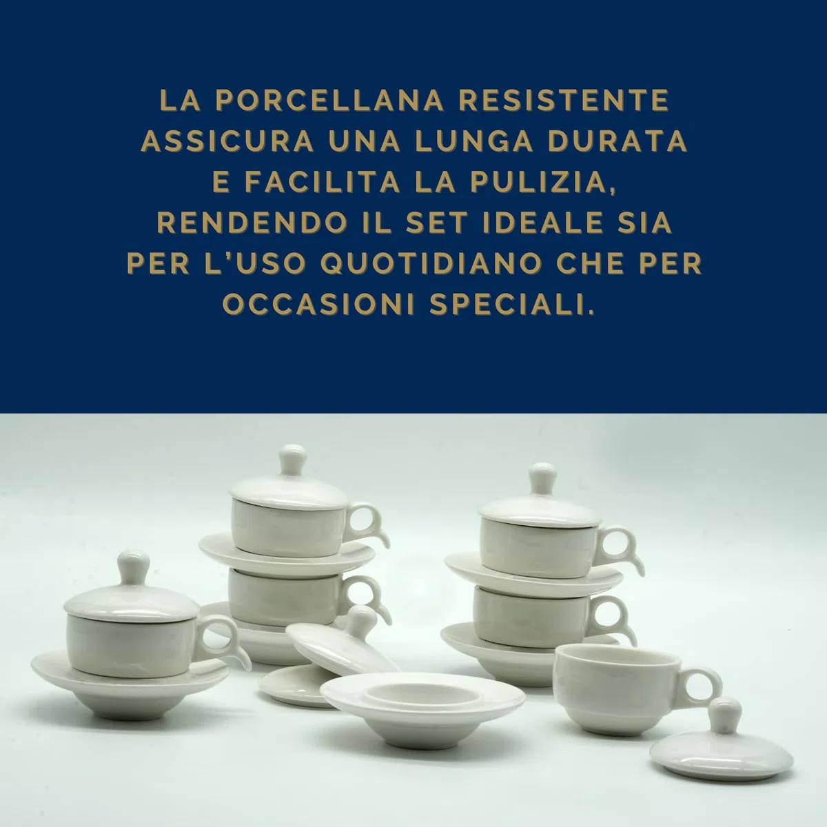 Set 6 Tazze da Caffè Impilabili con 6 Piattini 6 Coperchi Coordinati Porcellana Finitura Liscia e Raffinata Elegante Idea Regalo