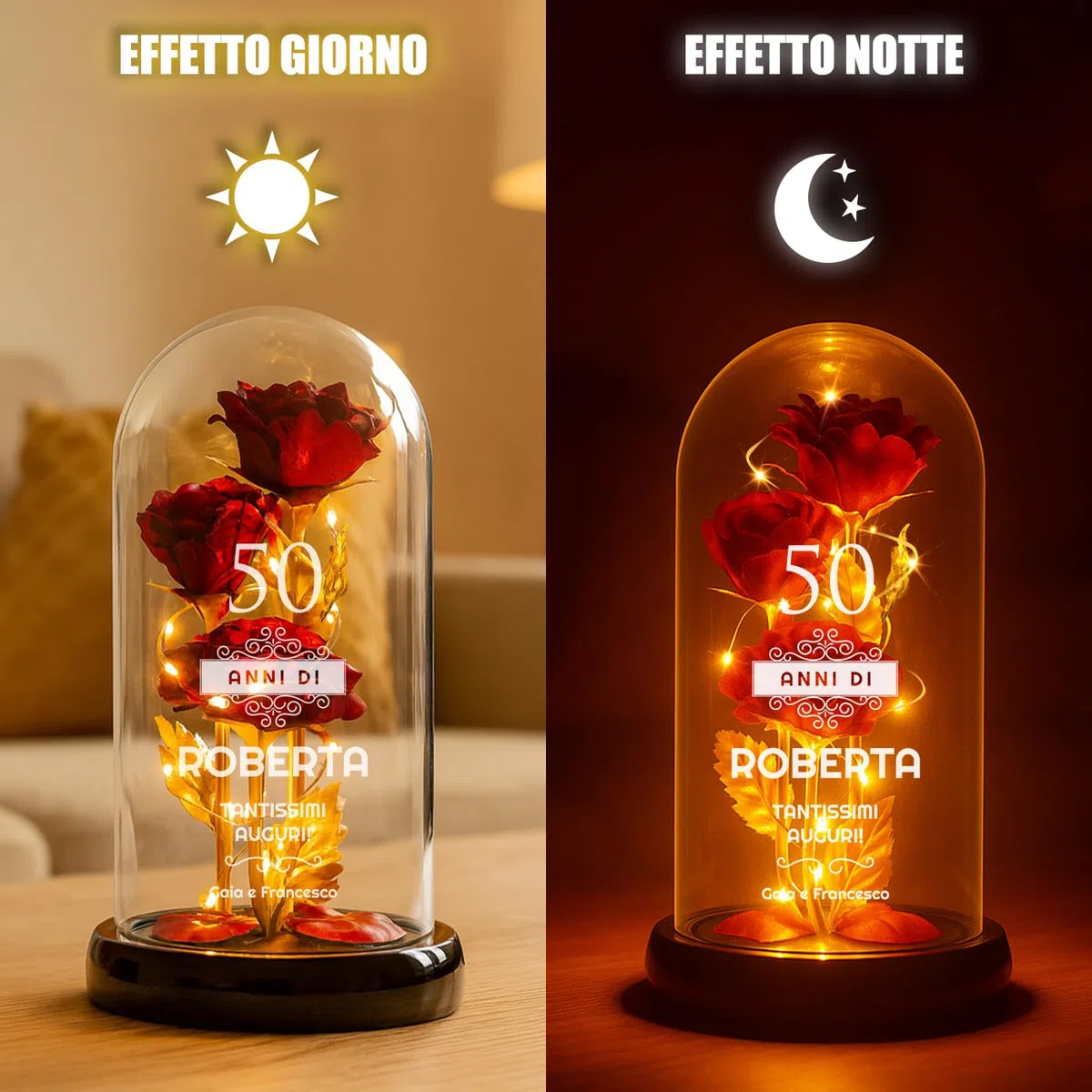 Maverton Rosa Stabilizzata con LED Personalizzata - Regalo Donna Compleanno Elegante - Rosa Eterna in Cupola di Vetro - Idee Regalo Donna - Dimensioni 21 cm x 11 cm