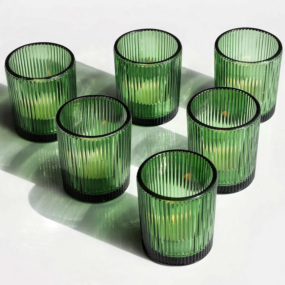 12 portacandele in vetro verde a coste, per matrimoni, feste, centrotavola, portacandele in vetro per regalo di compleanno (5,5 x 6,5 cm, verde)
