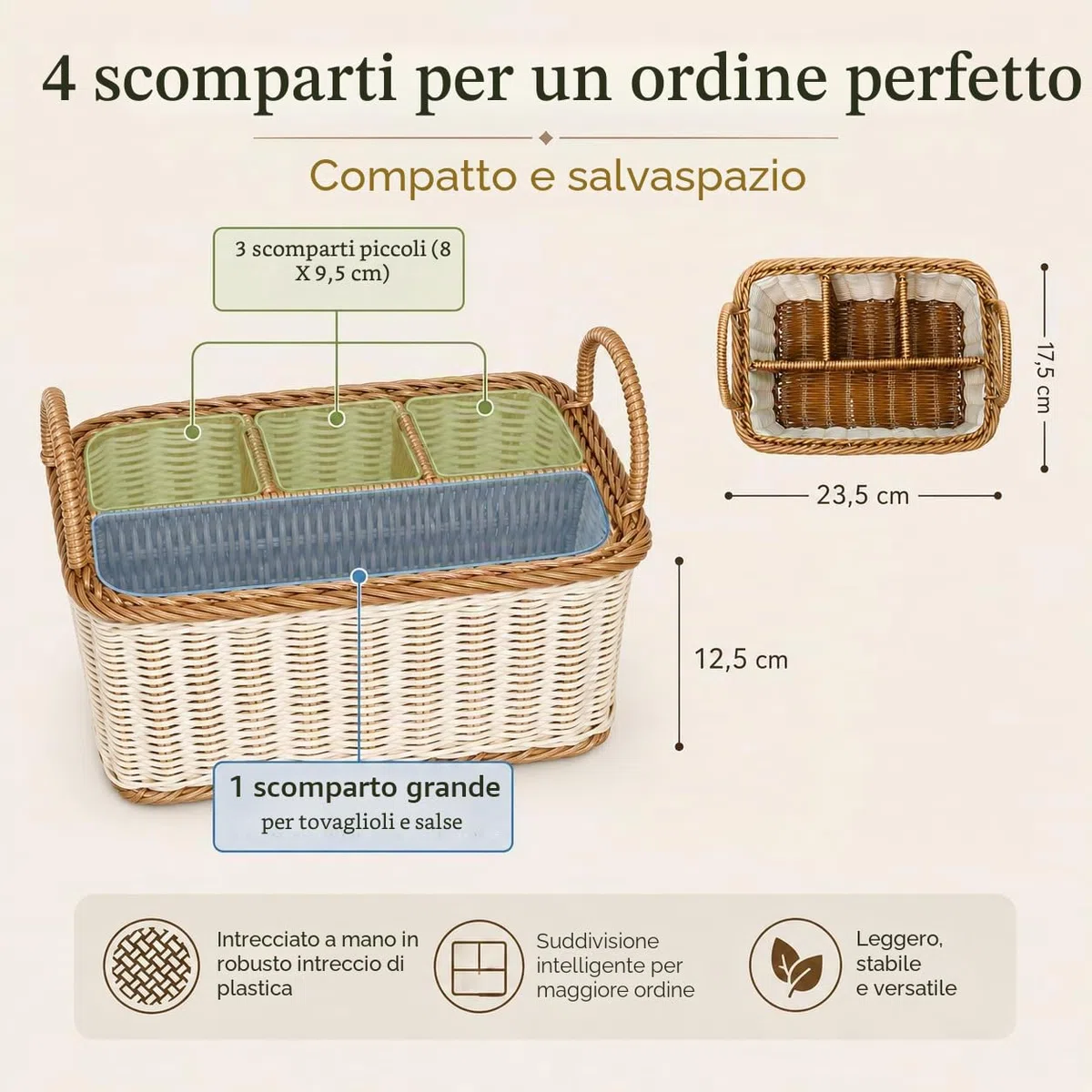 HEMOTON Portaposate in rattan, cestino per posate intrecciato da tavolo, portaposate per posate e utensili con manici e 4 scomparti divisori, per cucina, sala da pranzo, giardino o picnic