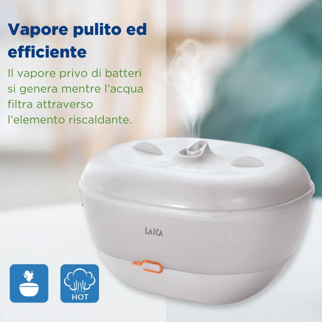Umidificatore a Caldo LAICA, Serbatoio di 1,8 L per stanze, Piante, Vapore Privo di batteri, ultrasilenzioso, 3 velocità, off Auto, Funzione “Warm”, riempimento Facile, Oli aromatici