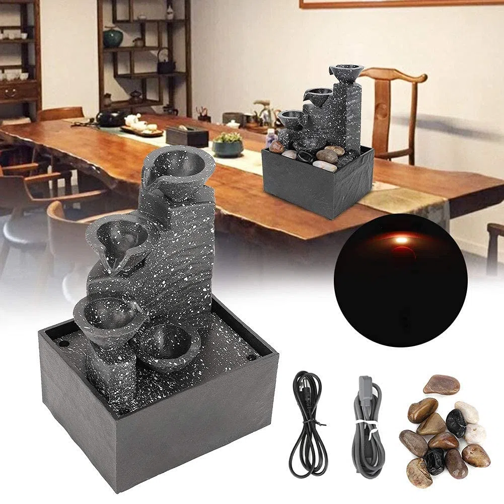 Fontana Zen da Interno d'acqua da tavolo,USB cascata LED a 3 livelli,Ornamenti Feng Shui per interni Suono dell'acqua calmante e rilassante per la decorazione dell'ufficio