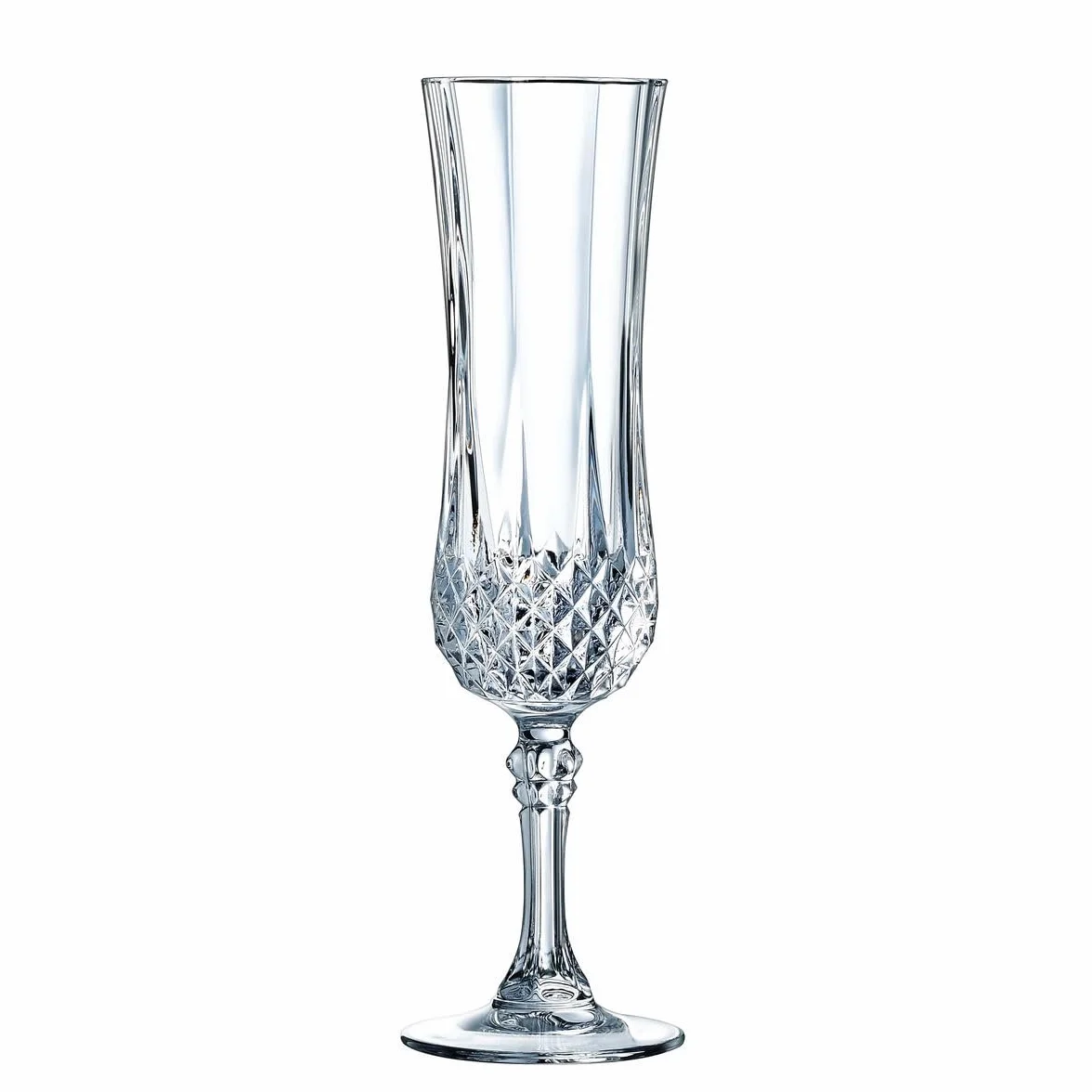 Cristal d'Arques Paris – Collezione Longchamp – 6 flauti da champagne 14 cl in Kwarx, trasparenza, modanature iconiche, made in France confezione rinforzata, adatto alla vendita online.