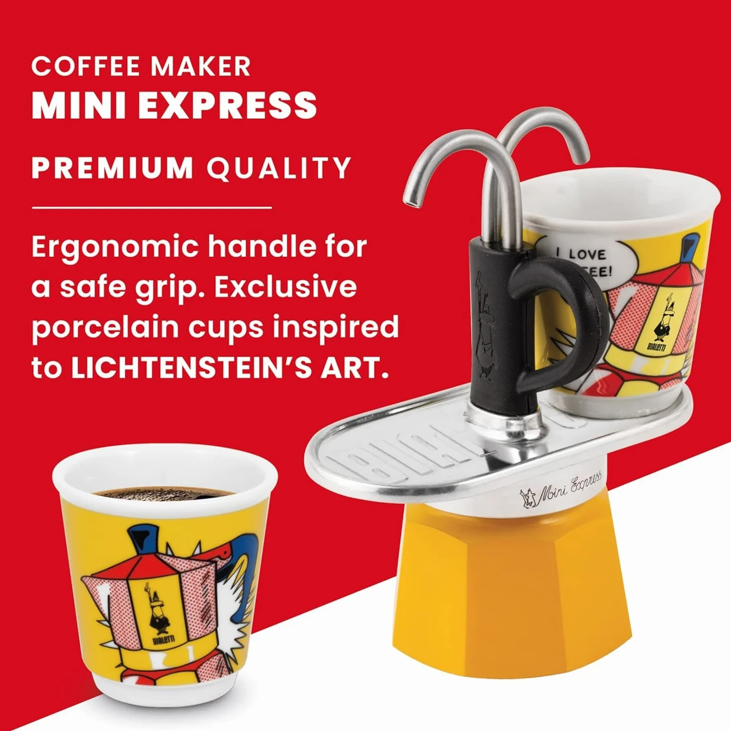 Bialetti Mini Express Colore Giallo, Caffettiera + 2 Bicchierini