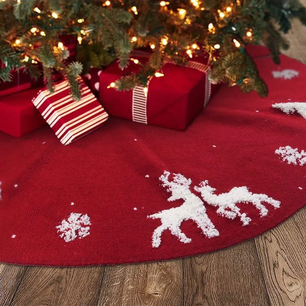 LATERN 3D Maglia Gonna Albero di Natale, 122cm Gonna Grande Albero di Natale Tappetino Lavorato a Maglia con Filo di Lana Fatto a Mano al 100% Copertura della Base Dell'albero di Alce Fiocco