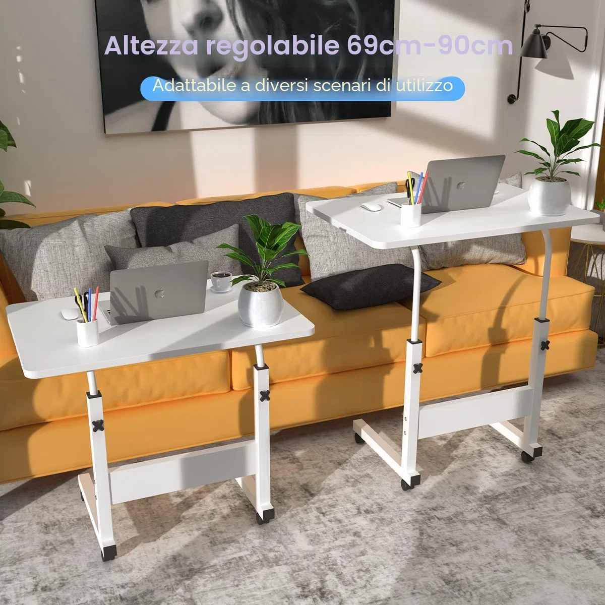 Tavolo Rotante per Divano Letto, 60x40cm Scrivania per Laptop, Tavolino da Laptop Scrivania Mobile Regolabile in Altezza 62-85cm per PC per Tablet Cellulare, Tavolino Portatile con Ruote, Bianco