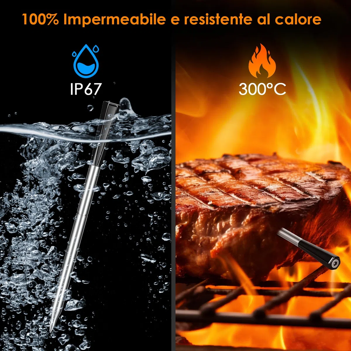 Dreamhigh® Termometro per Carne con Bluetooth, 2 Sond, Termometro Alimentare Impermeabile IP67​, 0-300 °C, Ideale per BBQ, Grigliate, Affumicatori, Forni, Cucina